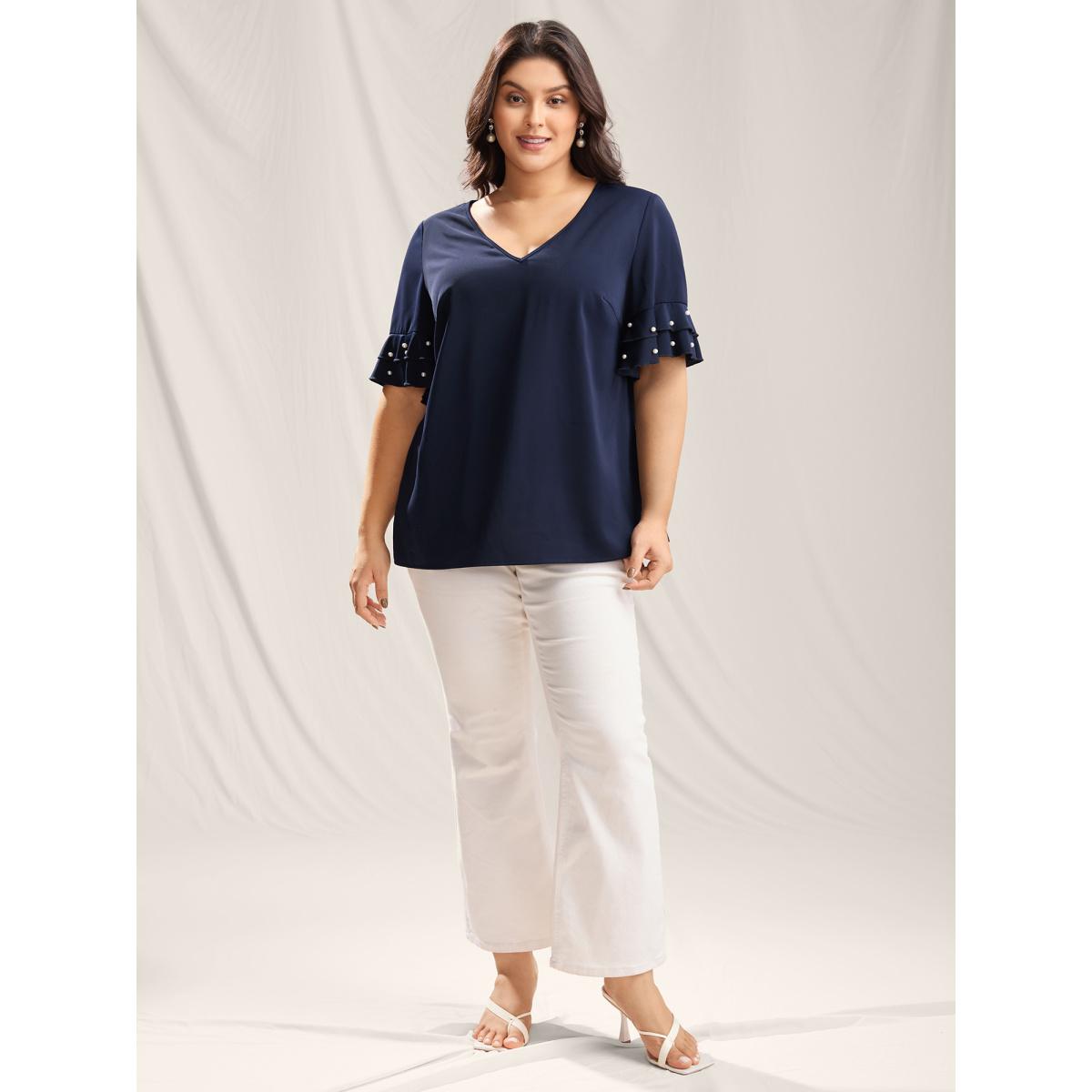 Plus Size Indigo Beaded Layered Sleeve Plain Blouse Women Timeless Short sleeve V-neck Elegant Blouses BloomChic 10/M Product Image