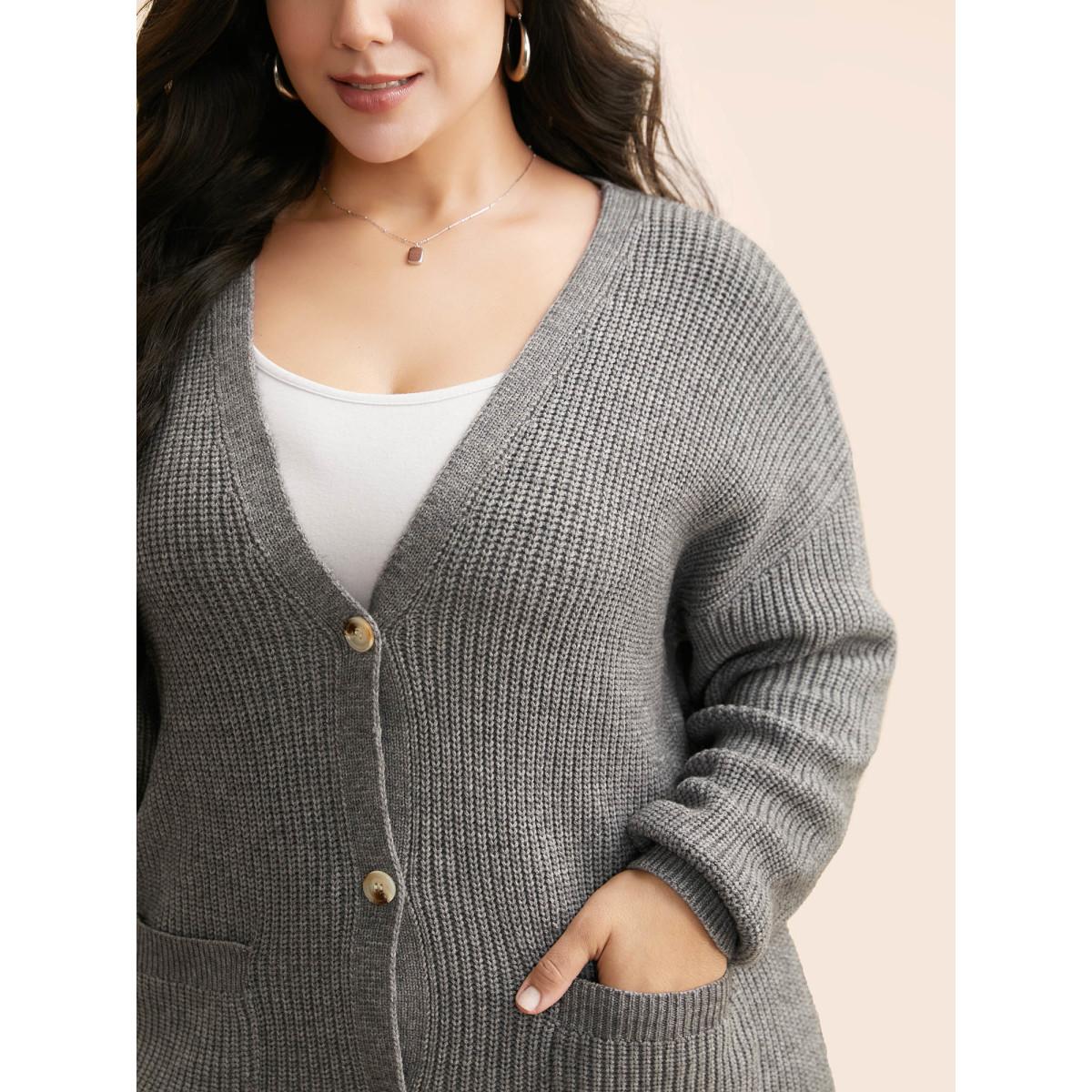 Plus Size Supersoft Ribbed Drop Shoulder Wool Cardigan Mediumgray Women Casual Loose Long Sleeve Everyday Cardigans BloomChic 26/4X Product Image