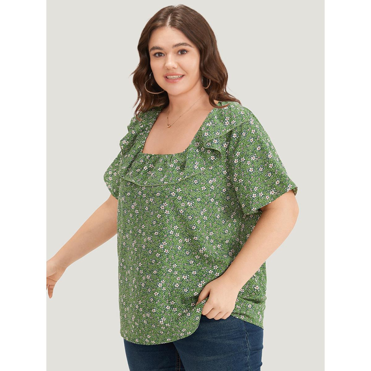 Plus Size Green Ditsy Floral Square Neck Flutter Trim Blouse Women Elegant Short sleeve Square Neck Dailywear Blouses BloomChic 18-20/2X Product Image