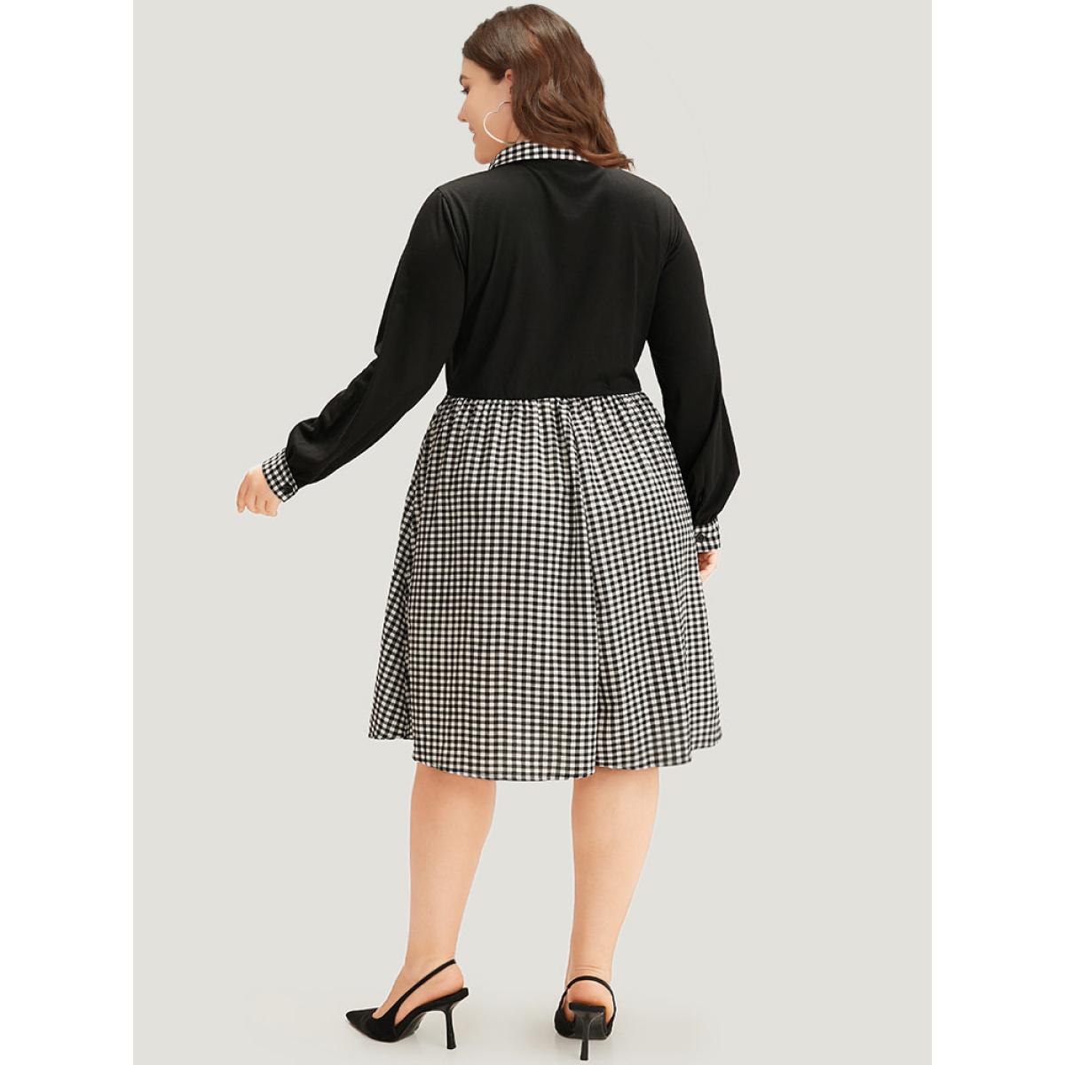 Plus Size Gingham Patchwork Pocket Shirt Collar Dress Black Women Office Patchwork Shirt collar Long Sleeve Curvy Midi Dress BloomChic 14-16/1X Product Image