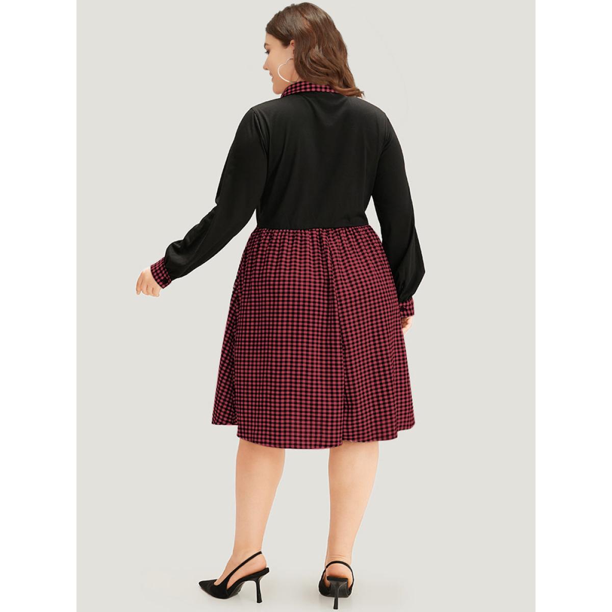 Plus Size Gingham Patchwork Pocket Shirt Collar Dress Red Women Office Patchwork Shirt collar Long Sleeve Curvy Midi Dress BloomChic 12/L Product Image