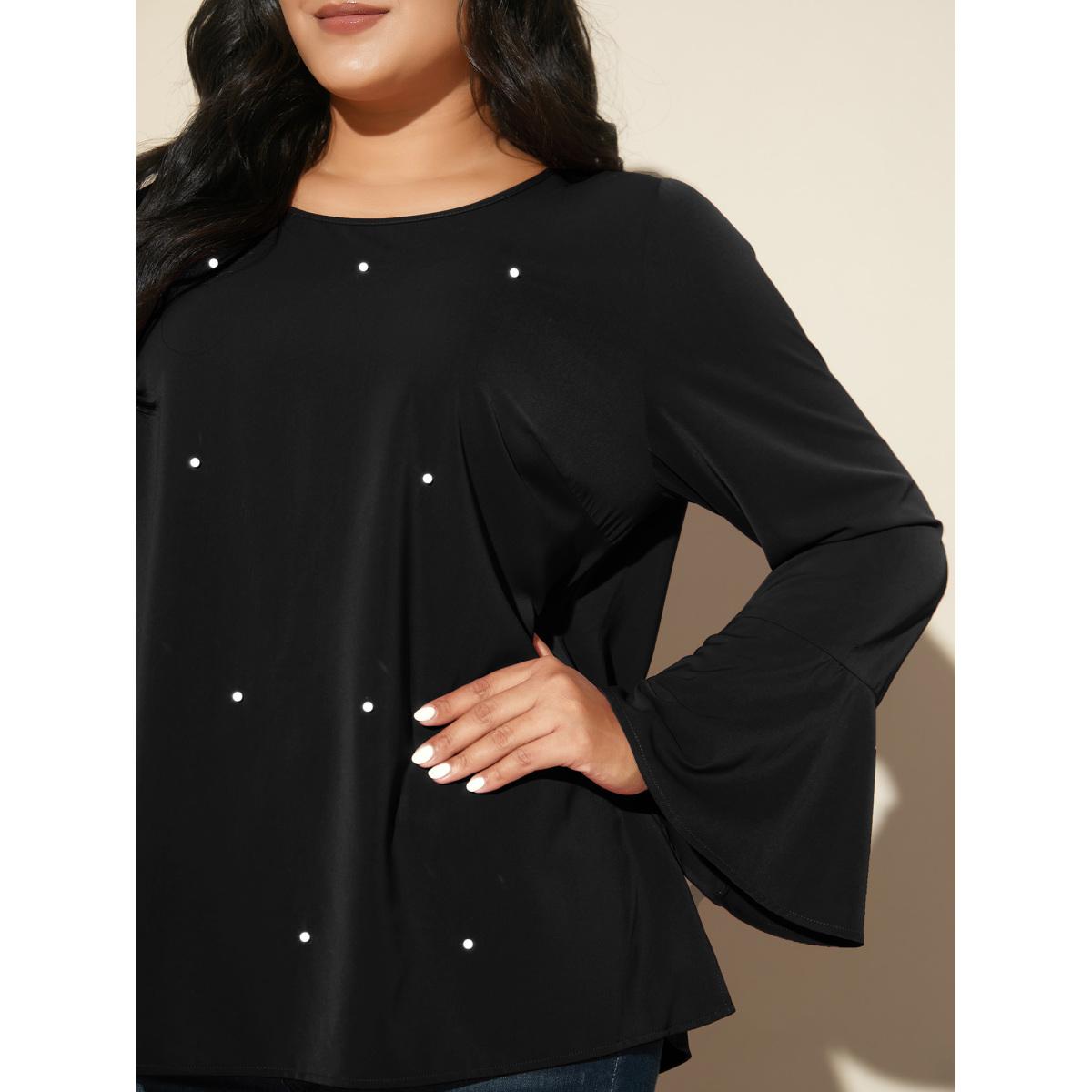 Plus Size Black Beaded Embellished Bell Sleeves Blouse Women Cocktail Long Sleeve Round Neck Party Blouses BloomChic 18-20/2X Product Image