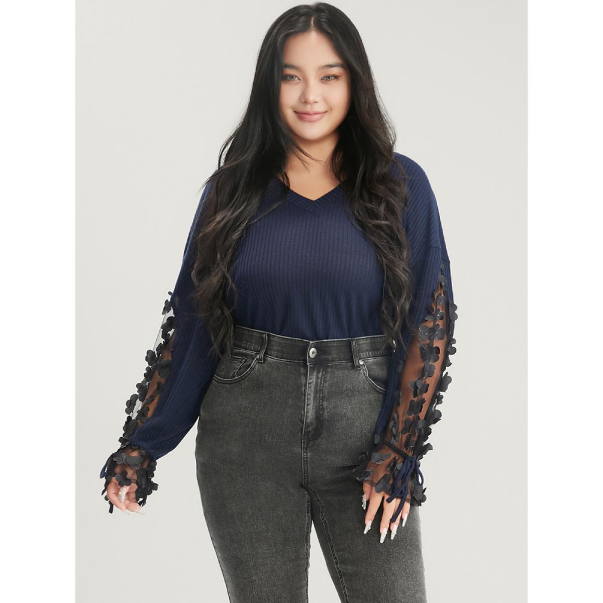 Plus Size Solid Mesh Lantern Sleeve V Neck Rib Knit Sweatshirt Women Indigo Elegant Patchwork V-neck Dailywear Sweatshirts BloomChic 14-16/1X Product Image