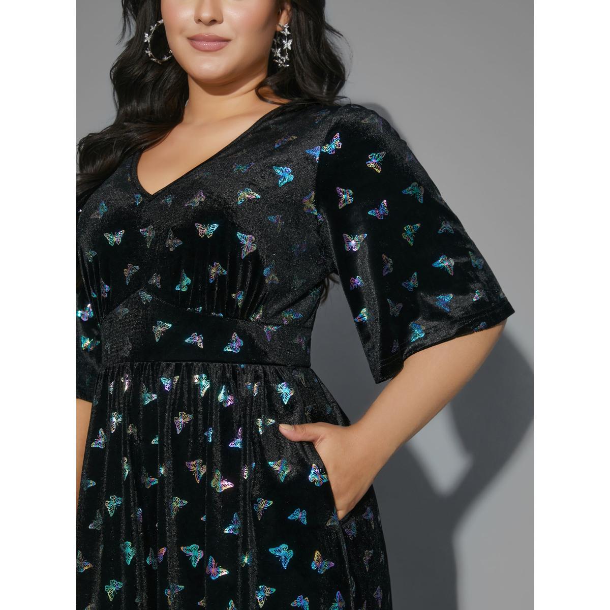 Plus Size Butterfly Glitter Flutter Sleeve Midi Dress BlackFlower Women Cocktail Texture Party Curvy Bloomchic 26/4X Product Image