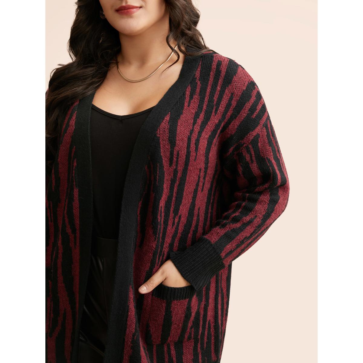 Plus Size Zebra Print Patched Pocket Cardigan Deepred Women Casual Loose Long Sleeve Everyday Cardigans BloomChic 14-16/1X Product Image