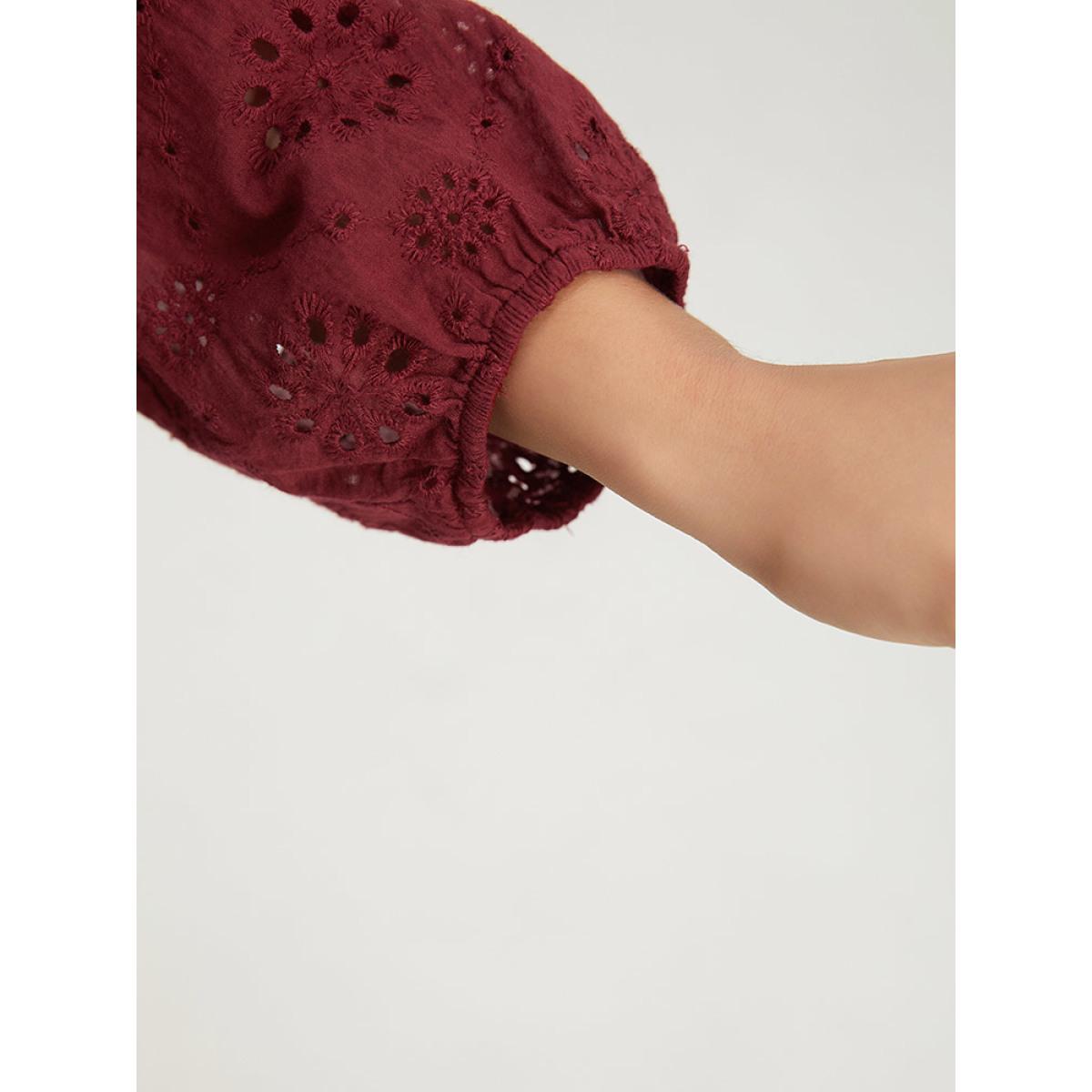 Plus Size Plain Geometric Eyelet Notched Lantern Sleeve Dress Burgundy Women Vacation Elastic cuffs Notched collar Long Sleeve Curvy Midi Dress BloomChic 18-20/2X Product Image