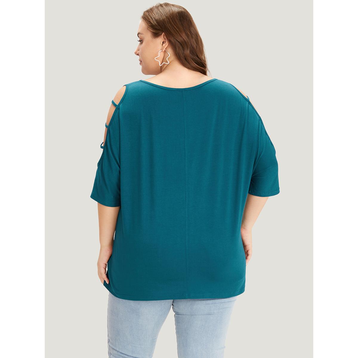 Plus Size Solid Cut Out Round Neck Dolman Sleeve T-shirt Aegean Women Elegant Plain Round Neck Dailywear T-shirts BloomChic 12/L Product Image