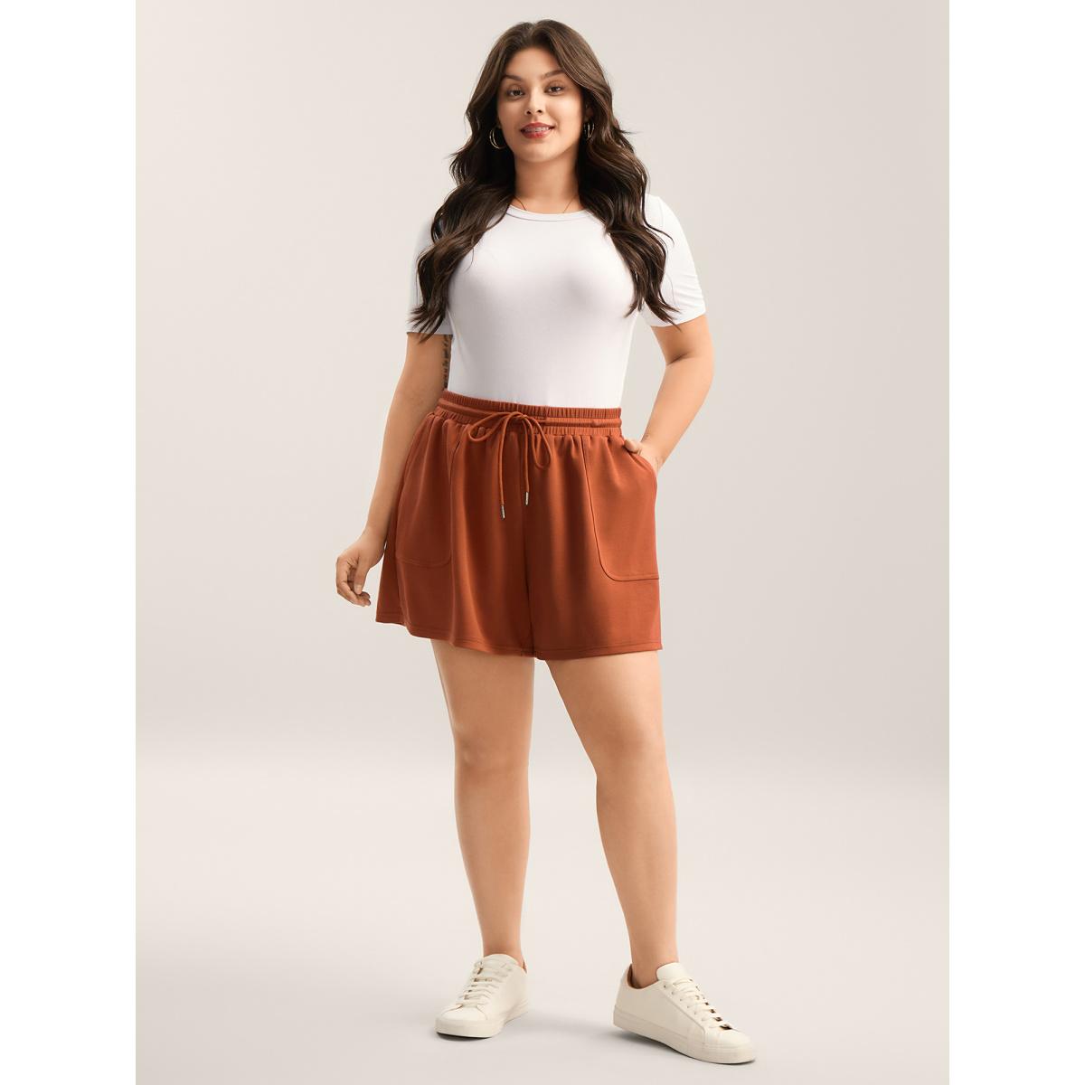 Plus Size Drawstring Split Wide-Leg Shorts Women Rust Casual Drawstring Wide Leg Everyday-Casual Shorts BloomChic 30/6X Product Image