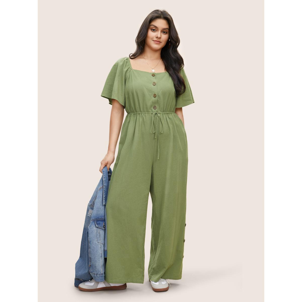 Plus Size Sage Plain Button Detail Drawstring Square Neck Jumpsuit Women Casual Short sleeve Square Neck Everyday Loose Jumpsuits BloomChic 12/L Product Image