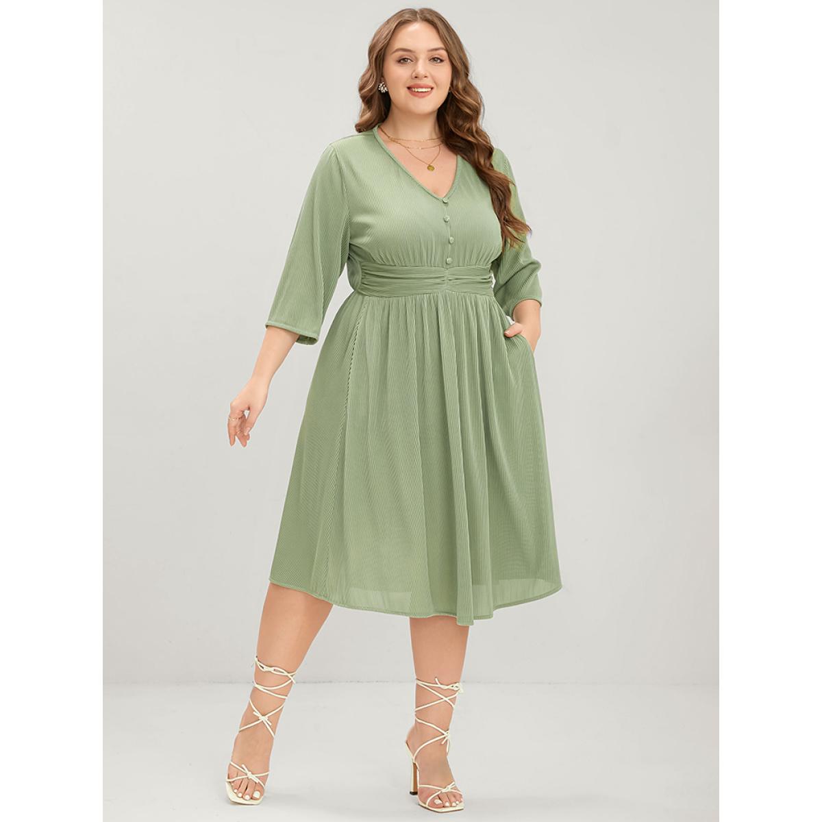 Plus Size Plain Button Detail Pocket Ruched Rib Knit Flutter Dress Moss Women Elegant Plain V-neck Long Sleeve Curvy Midi Dress BloomChic 12/L Product Image