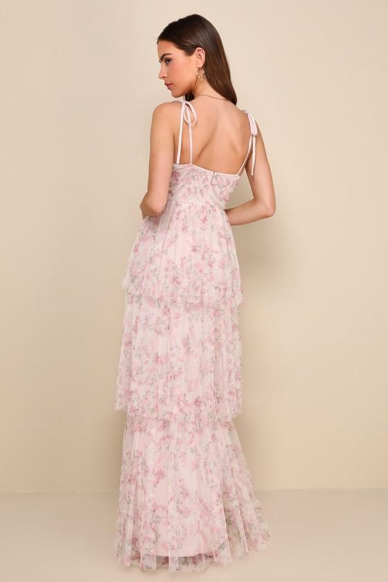 Blissfully Gorgeous Blush Floral Tie-Strap Bustier Maxi Dress Product Image
