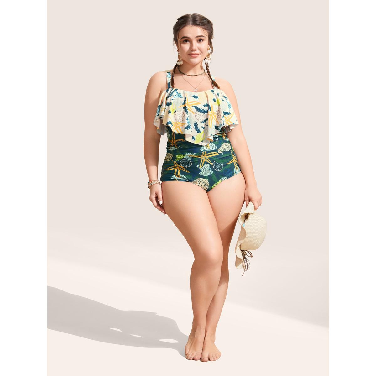 Plus Size Marine Elements Tiered Ruffles One Piece Swimsuit Women's Swimwear Beige Beach Gathered Curve Bathing Suits High stretch One Pieces BloomChic 18-20/2X Product Image