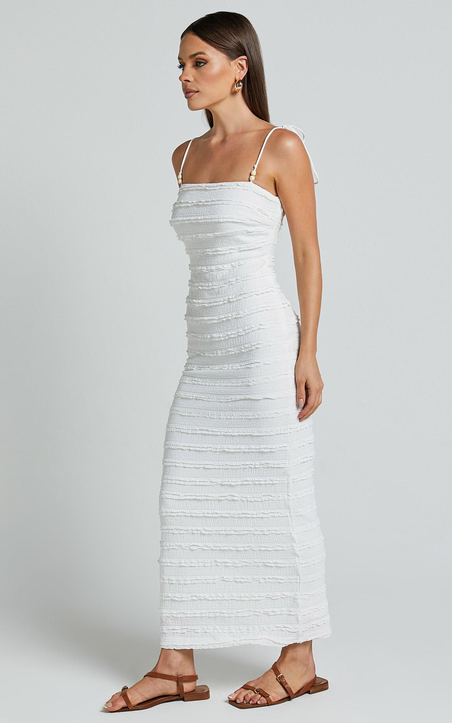 Alanna Midi Dress - Textured Midi Dress With Tie Straps in White Product Image