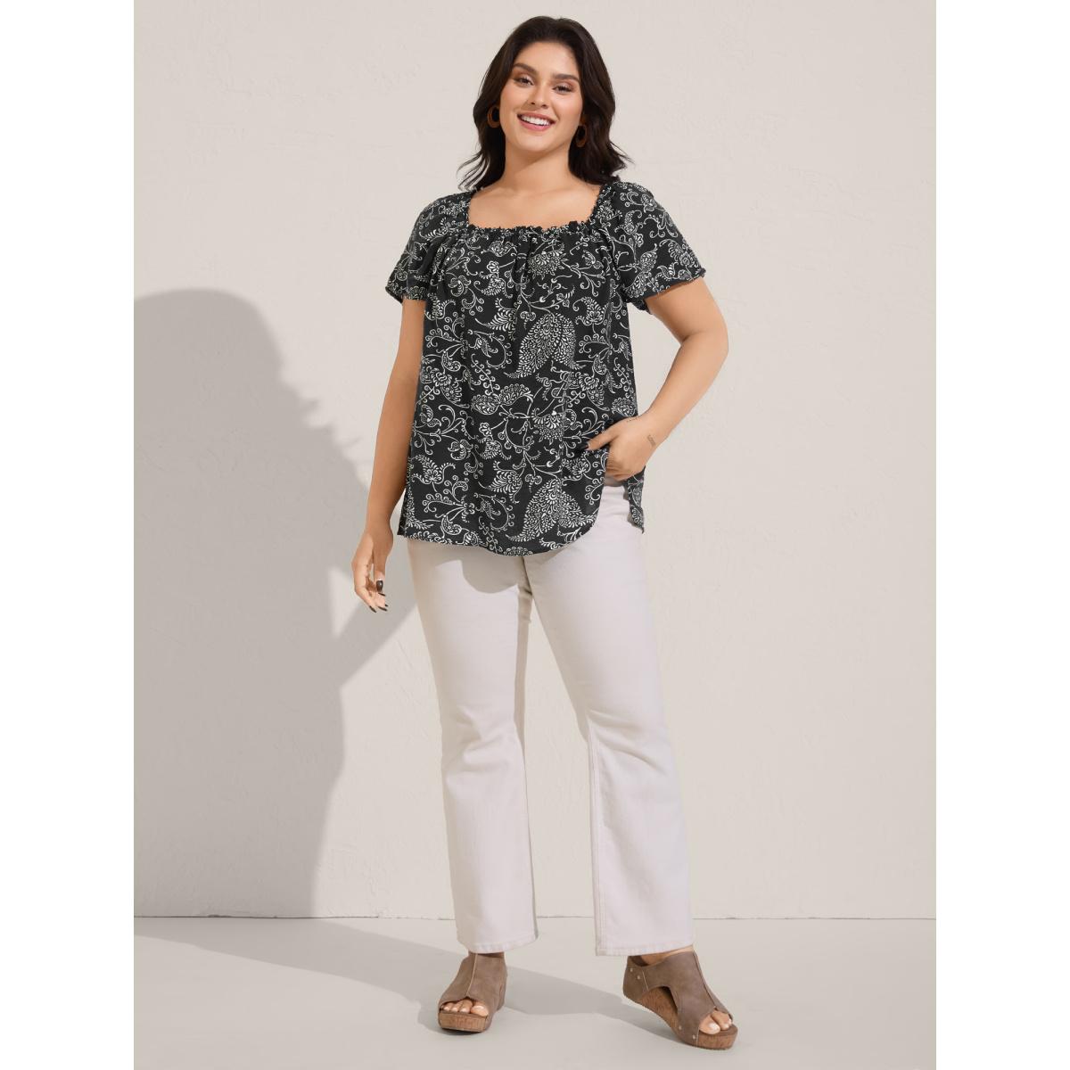 Plus Size Black Floral Print Shirred Neck Flowy Blouse Women Boho Short sleeve Square Neck Vacation Blouses BloomChic 10/M Product Image