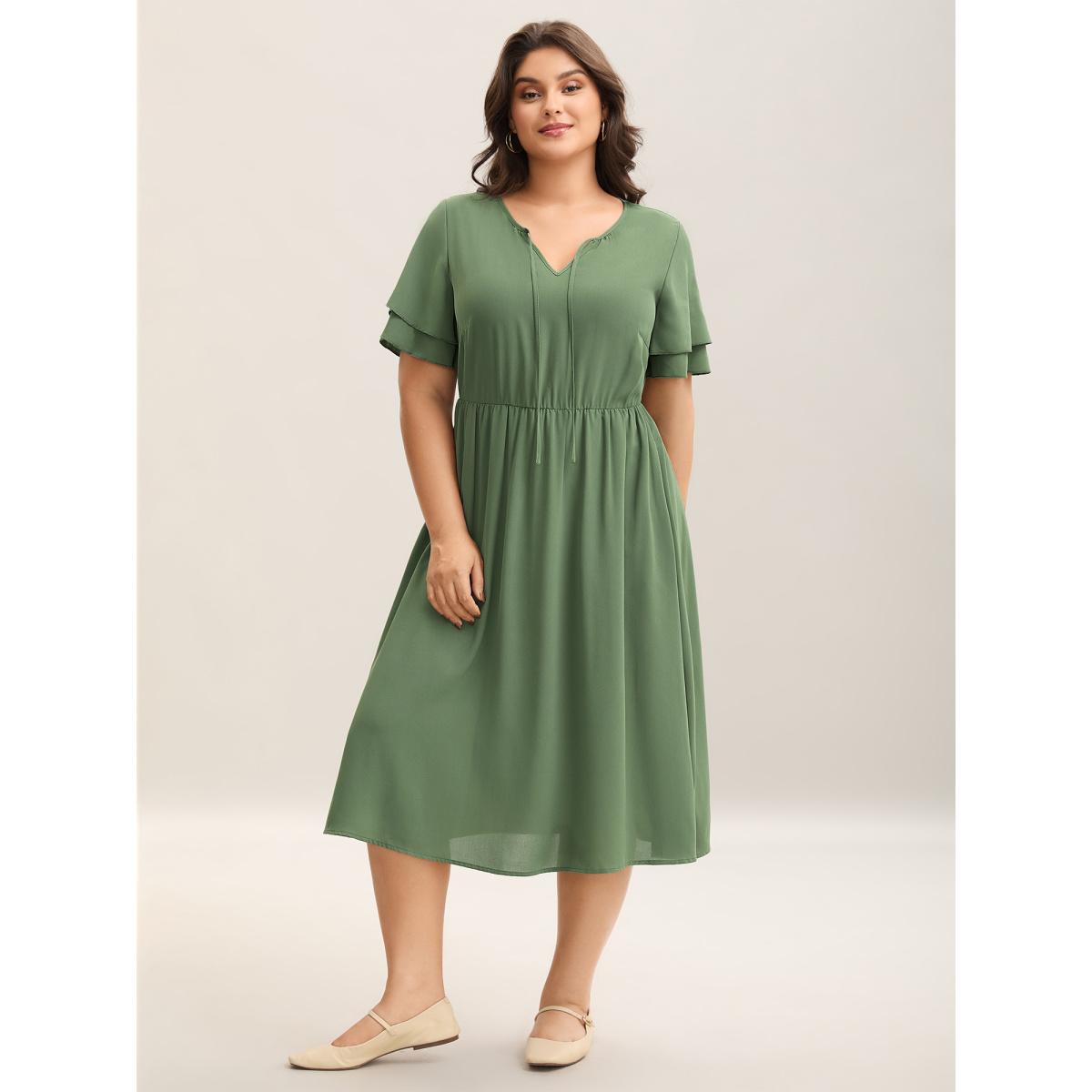Plus Size Split Neck Tie Layered Sleeve Midi Dress ArmyGreen Women Casual Tie knot V-neck Short sleeve Curvy BloomChic 26/4X Product Image