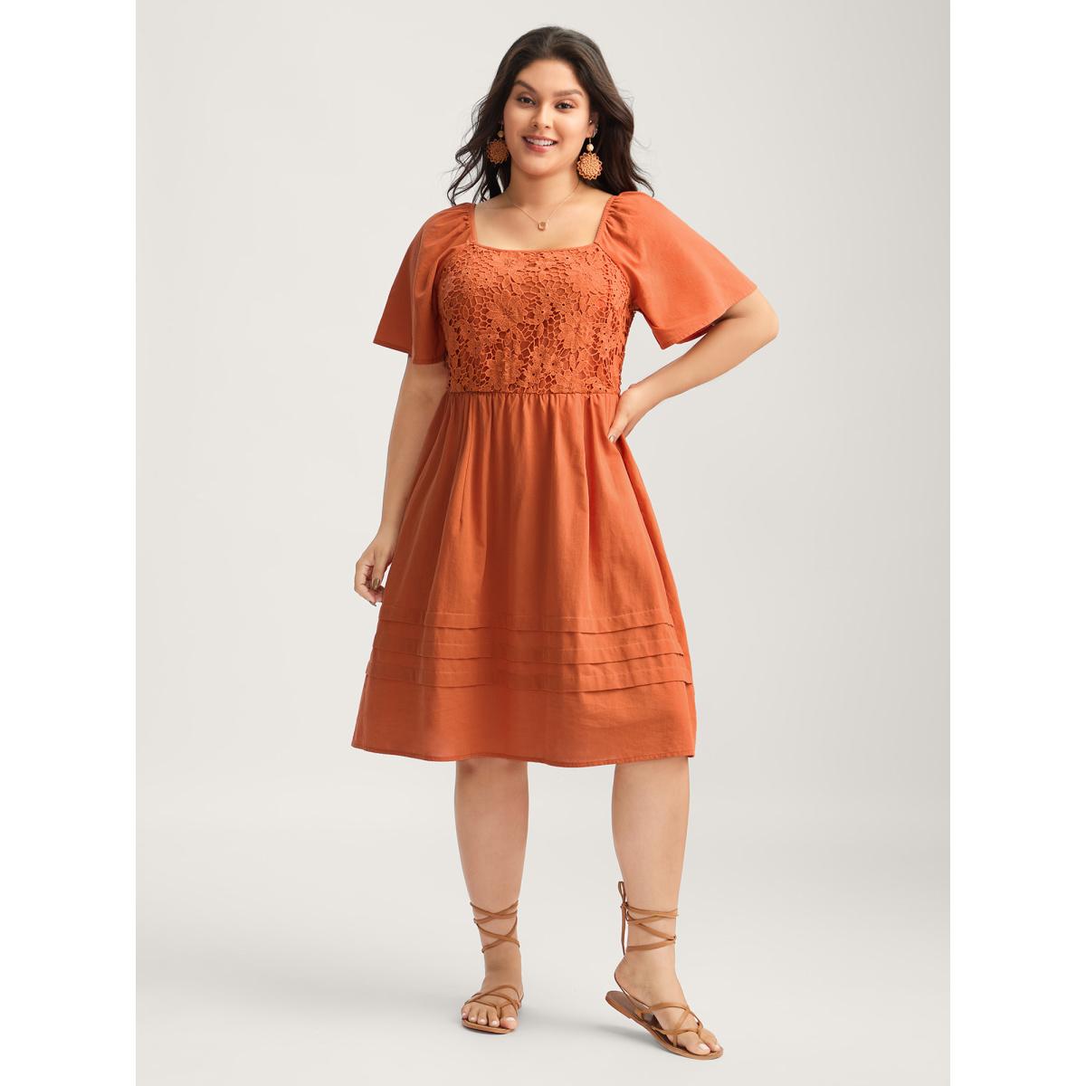 Plus Size Cotton Lace Stretchy Waist Pockets Midi Dress OrangeRed Women Square Neck Short sleeve Curvy BloomChic 28/5X Product Image