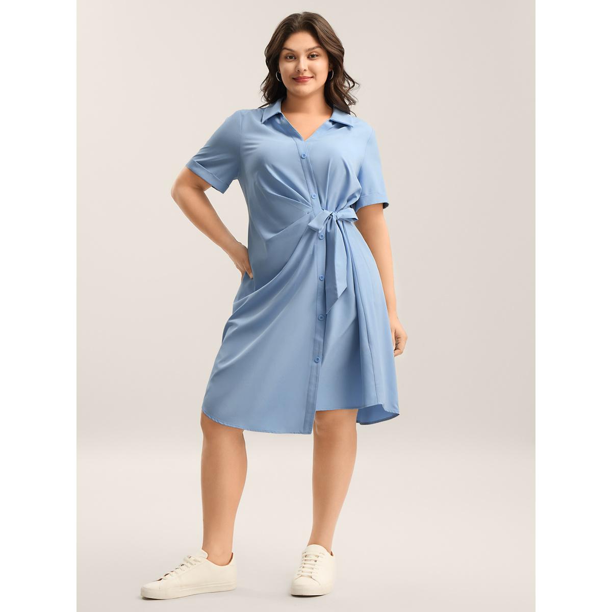 Plus Size Woven Knotted Solid Shirt Dress Stone Women Shirt collar Short sleeve Curvy BloomChic 10/M Product Image