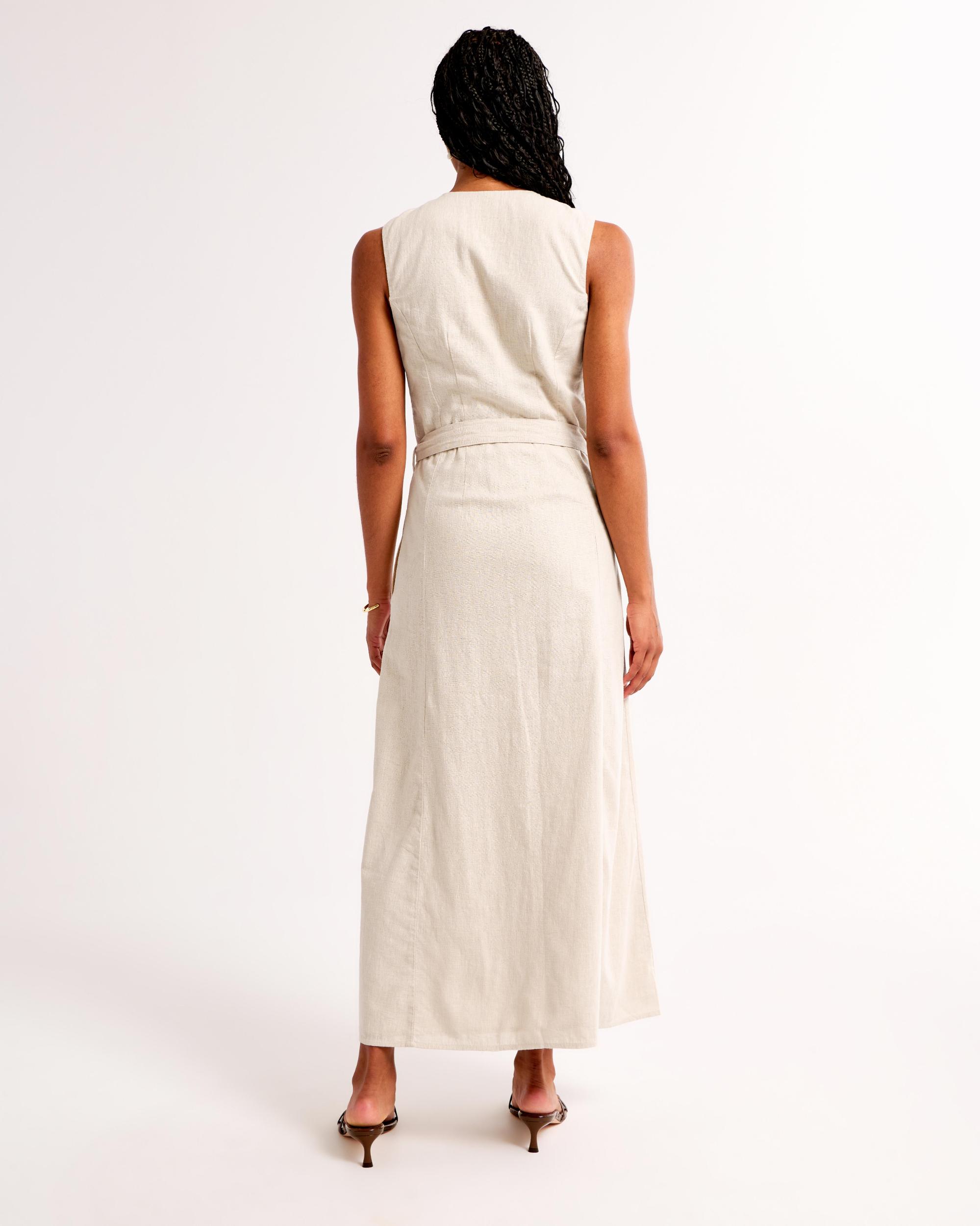 Linen-Blend Belted Midi Dress Product Image