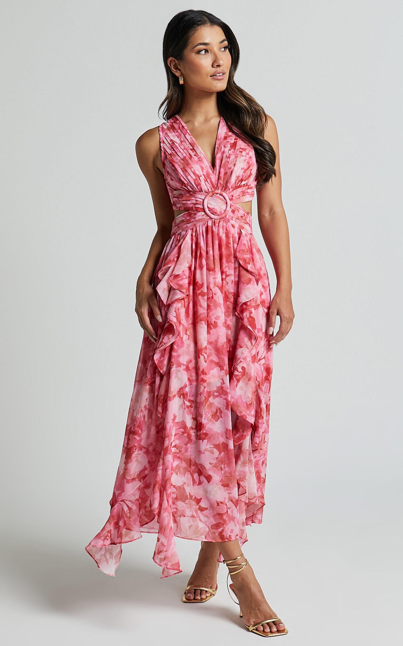 Marga Maxi Dress - Plunge Ruffle Detail Cut Out Dress in Petal Paradise Product Image