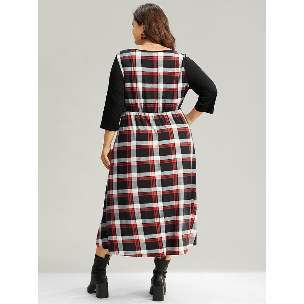 Plus Size Christmas Plaid Patchwork Pleated Square Neck Dress Red Women Office Printed Square Neck Elbow-length sleeve Curvy Midi Dress BloomChic 14-16/1X Product Image