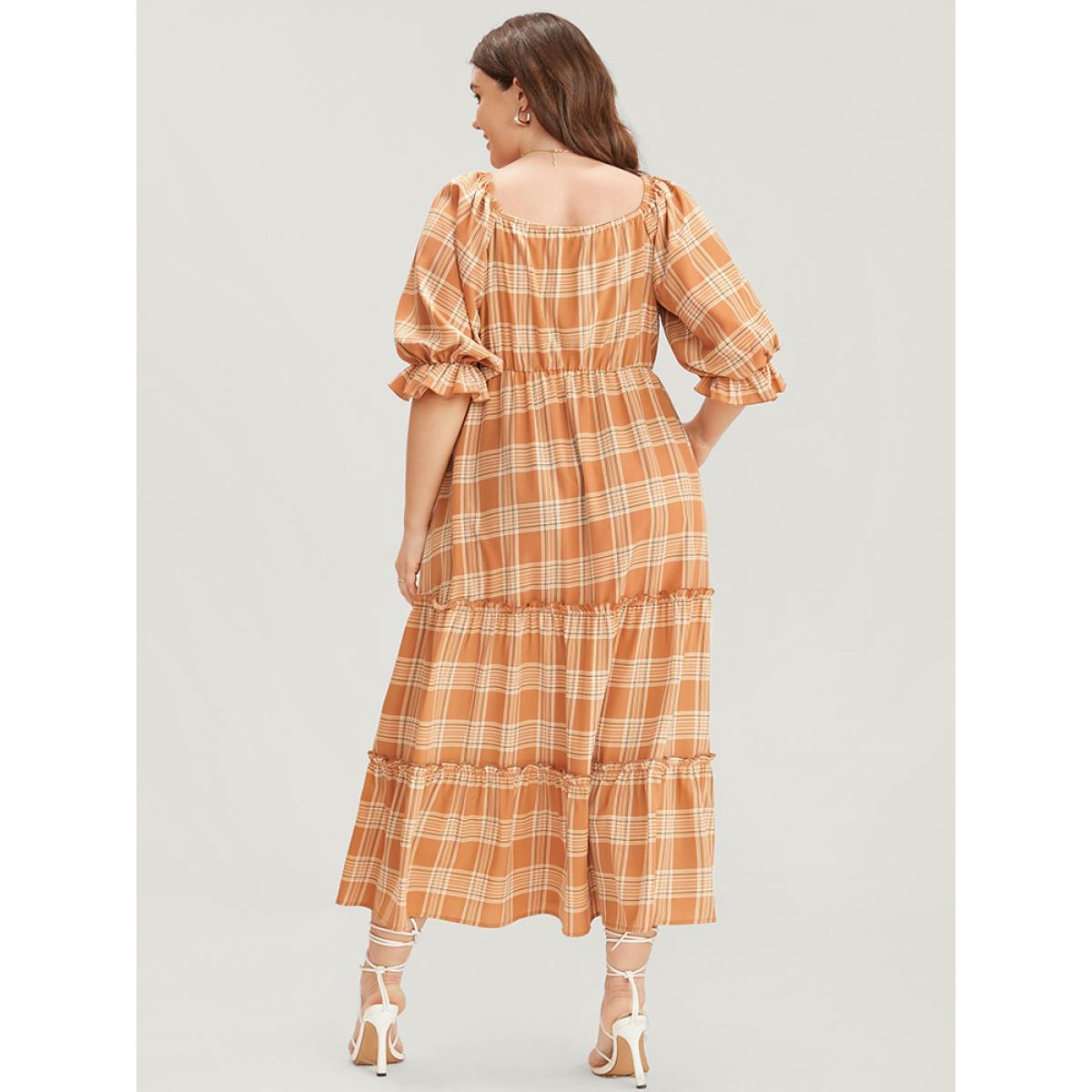Plus Size Plaid Square Neck Lantern Sleeve Pocket Flutter Dress LightBrown Women Elegant Tiered Square Neck Half Sleeve Curvy Midi Dress BloomChic 22-24/3X Product Image