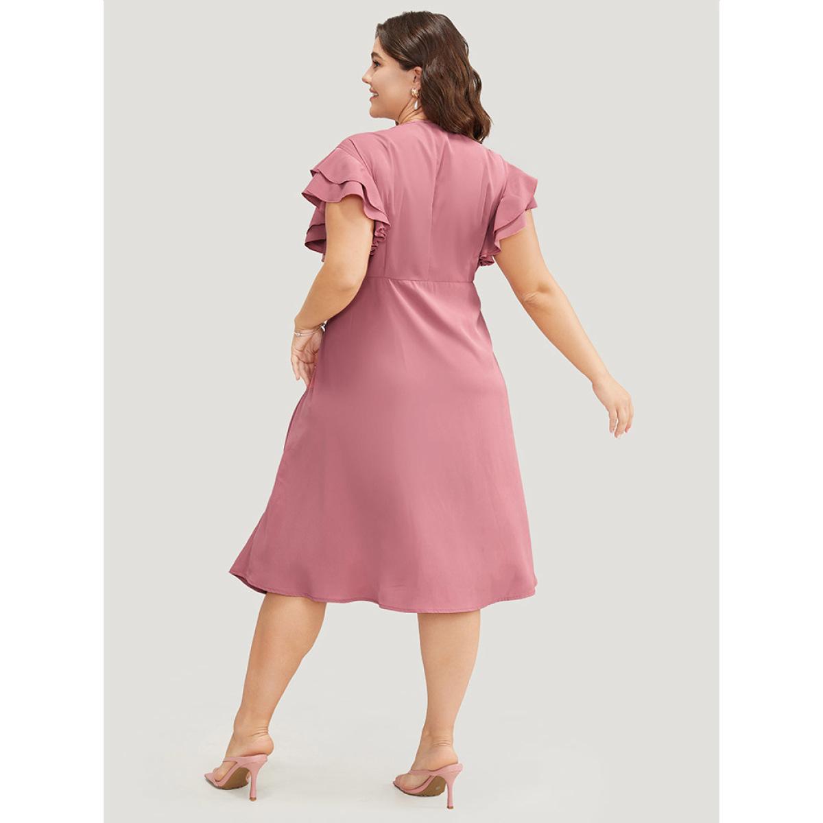 Plus Size Plain Ruffle Sleeve Pocket Tiered Button Up Dress Rouge Women Elegant Button V-neck Short sleeve Curvy Midi Dress BloomChic 26/4X Product Image