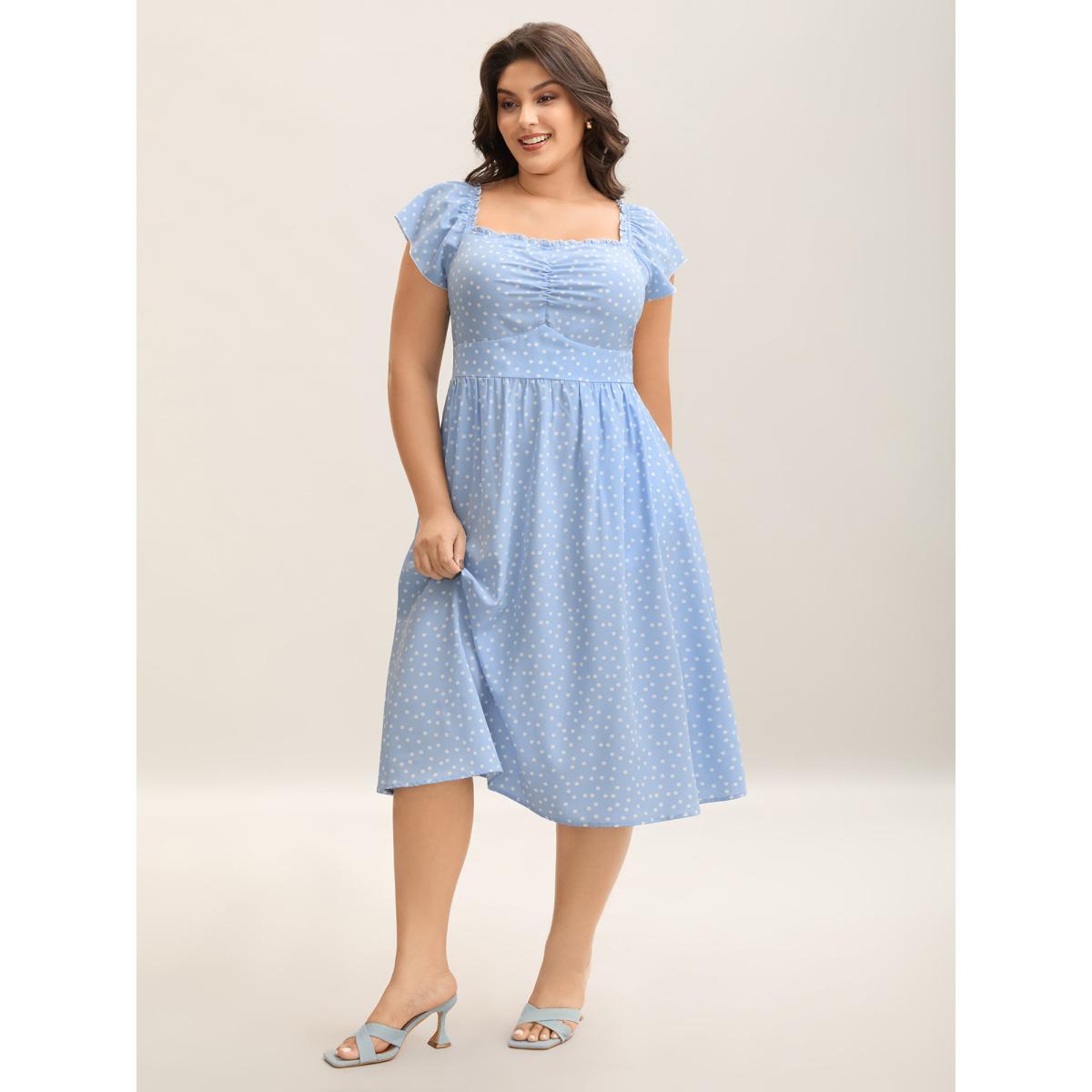Plus Size Ruffle Trim Polka Dots Pockets Midi Dress LightBlue Women Non Short sleeve Curvy BloomChic 30/6X Product Image