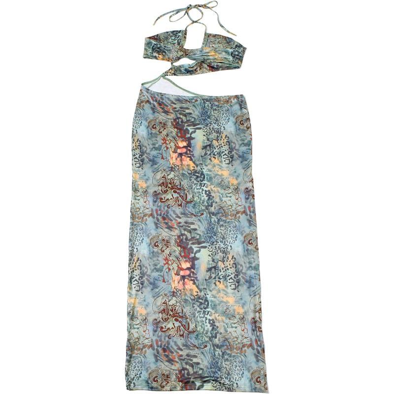 Halter Patterned Print Cutout Slit Maxi Sheath Dress Product Image