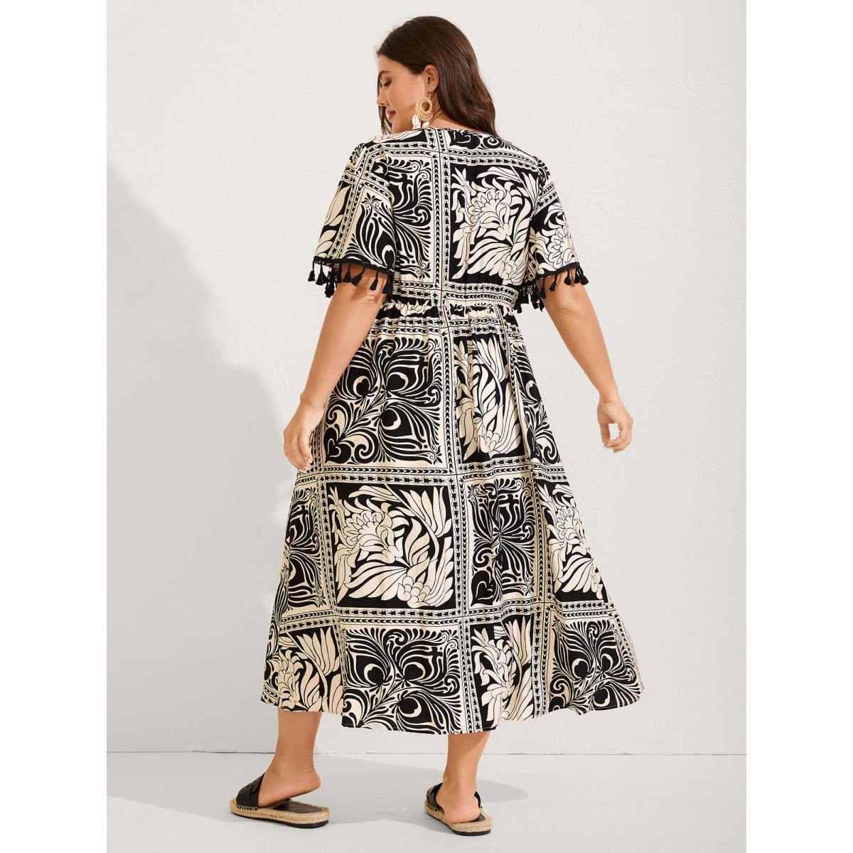Plus Size Monochrome Collage Print Tassels Midi Dress Black Women V-neck Short sleeve Curvy BloomChic 22-24/3X Product Image