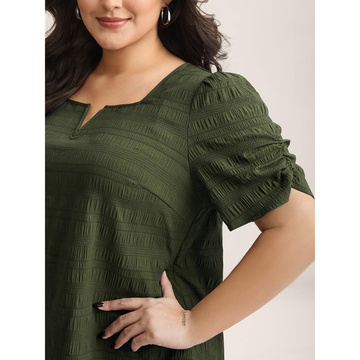 Plus Size ArmyGreen Textured Gathered Sleeve Split Neck Blouse Women Office Short sleeve Asymmetrical Neck Office Blouses BloomChic 10/M Product Image