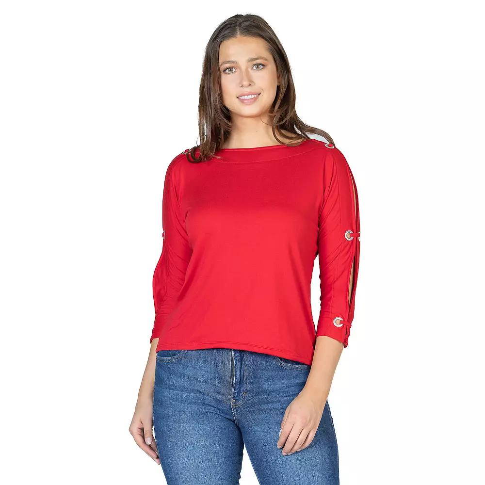 Women's 24Seven Comfort Apparel Three-Quarter Sleeve Boatneck Cold Shoulder Top,  Product Image