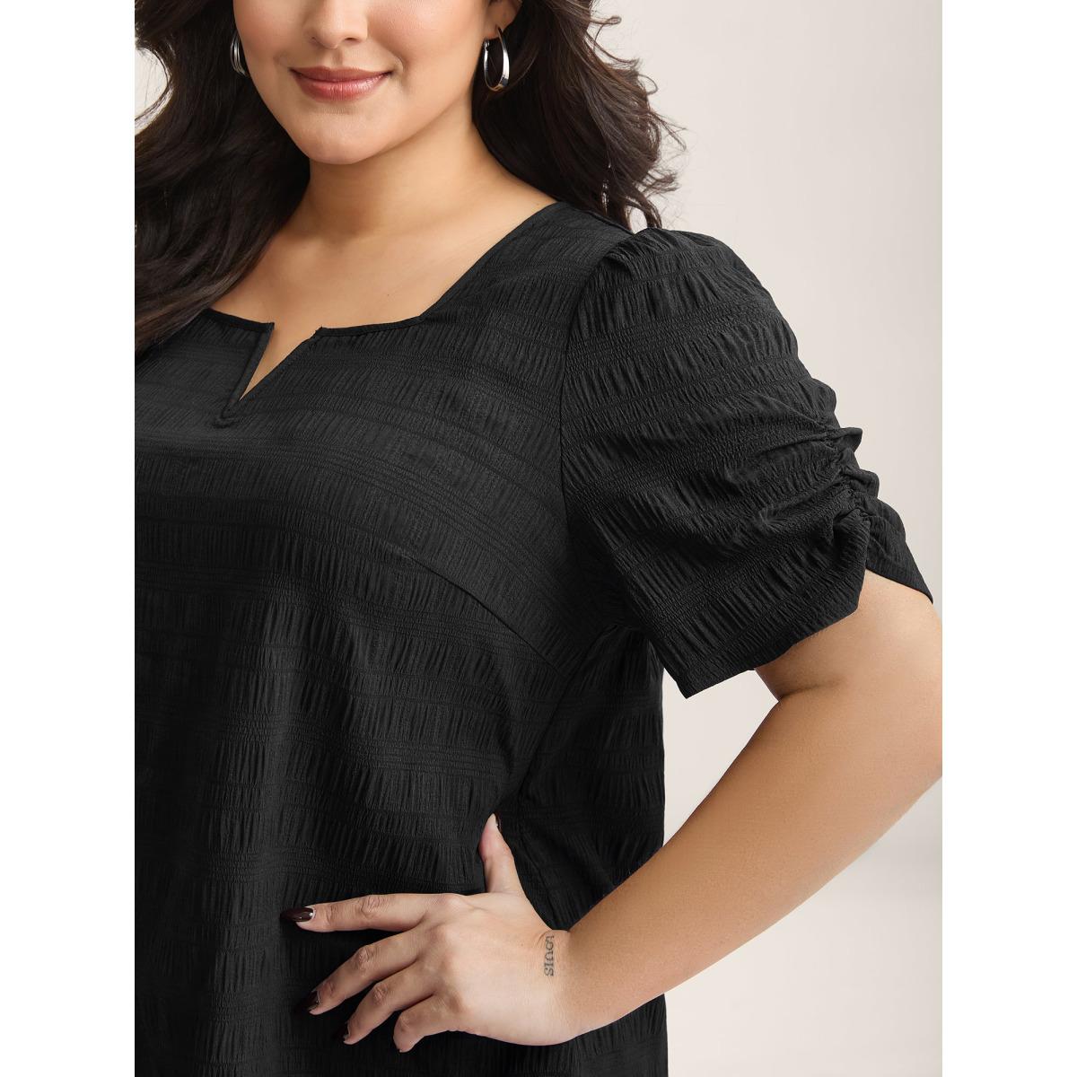 Plus Size DarkGreen Textured Gathered Sleeve Split Neck Blouse Women Office Short sleeve Asymmetrical Neck Office Blouses BloomChic 26/4X Product Image
