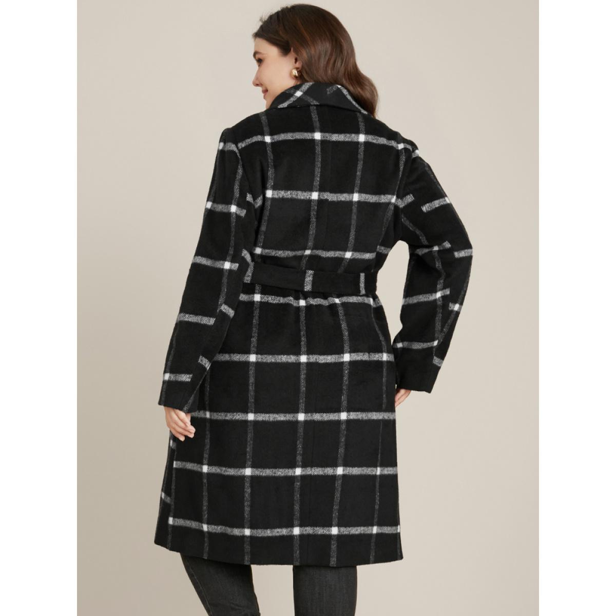 Plus Size Plaid Lapel Collar Belted Pocket Coat Women Black Elegant Belted Ladies Dailywear Winter Coats BloomChic 10/M Product Image