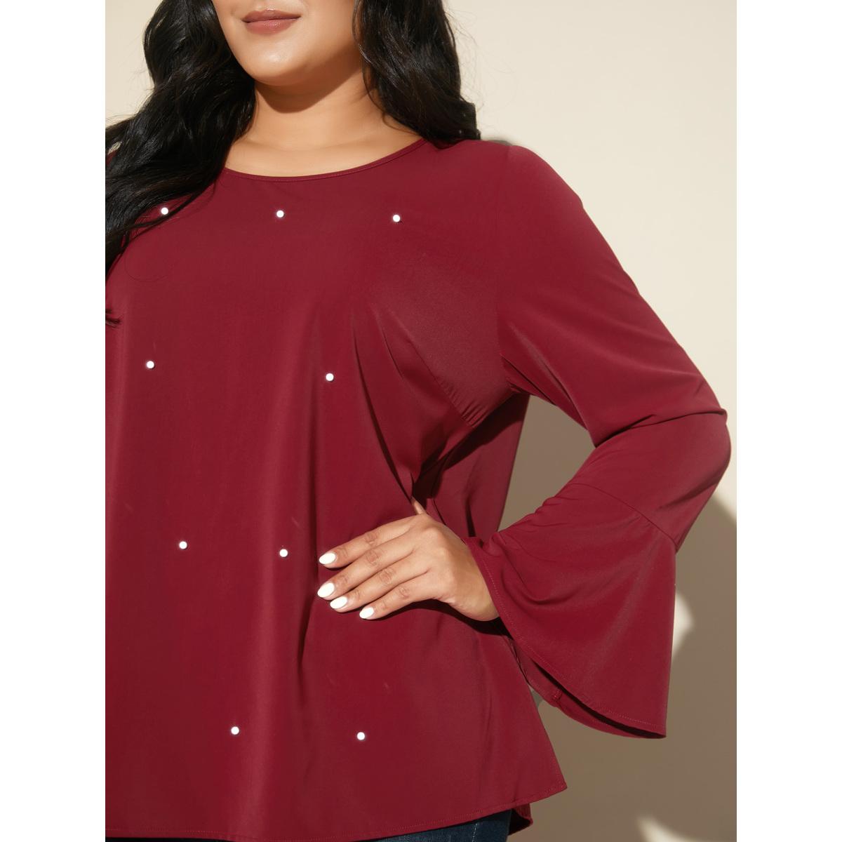 Plus Size Scarlet Beaded Embellished Bell Sleeves Blouse Women Cocktail Long Sleeve Round Neck Party Blouses BloomChic 12/L Product Image