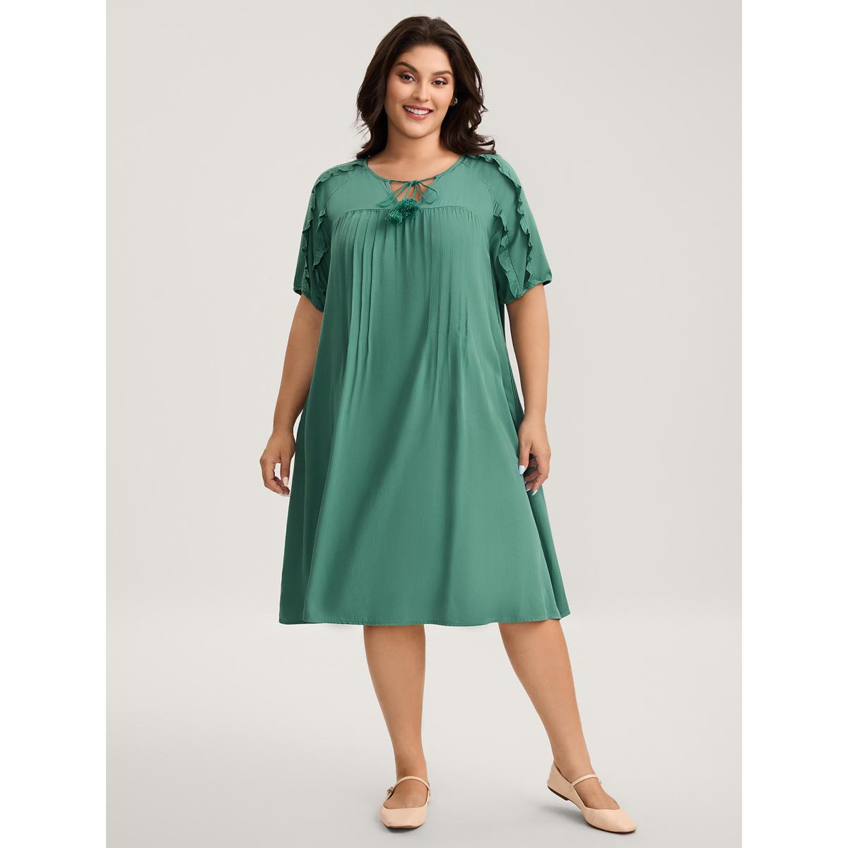 Plus Size Rayon Neck-Tie Pleated Midi Dress Teal Women Notched collar Short sleeve Curvy BloomChic 26/4X Product Image