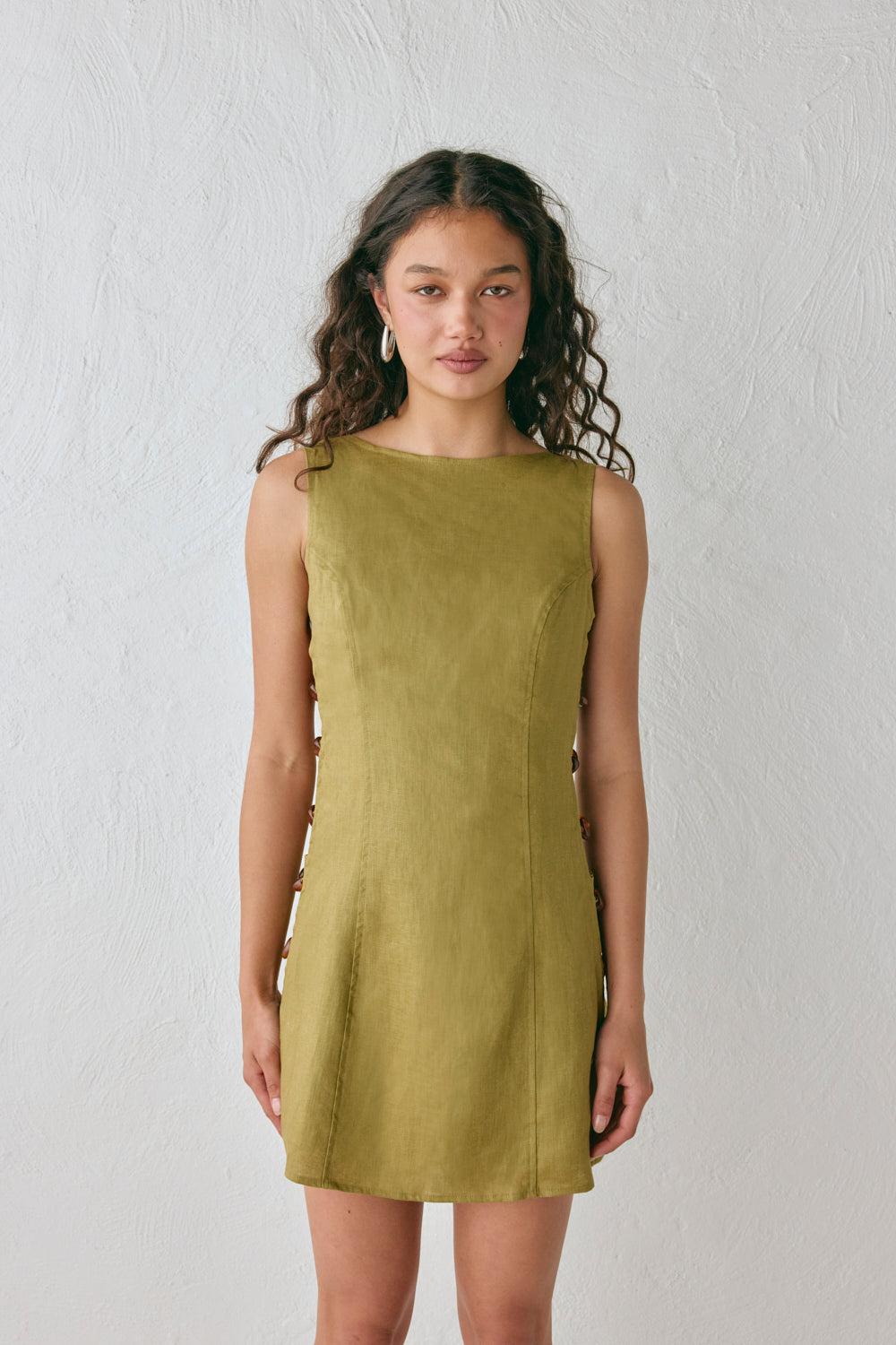 Tia Linen Mini Dress Olive Product Image