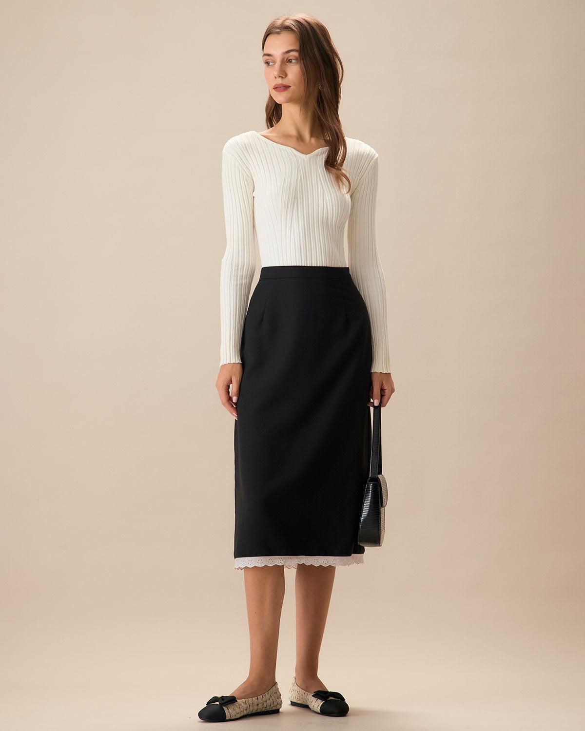 Black Contrasting Slit Midi Skirt Product Image