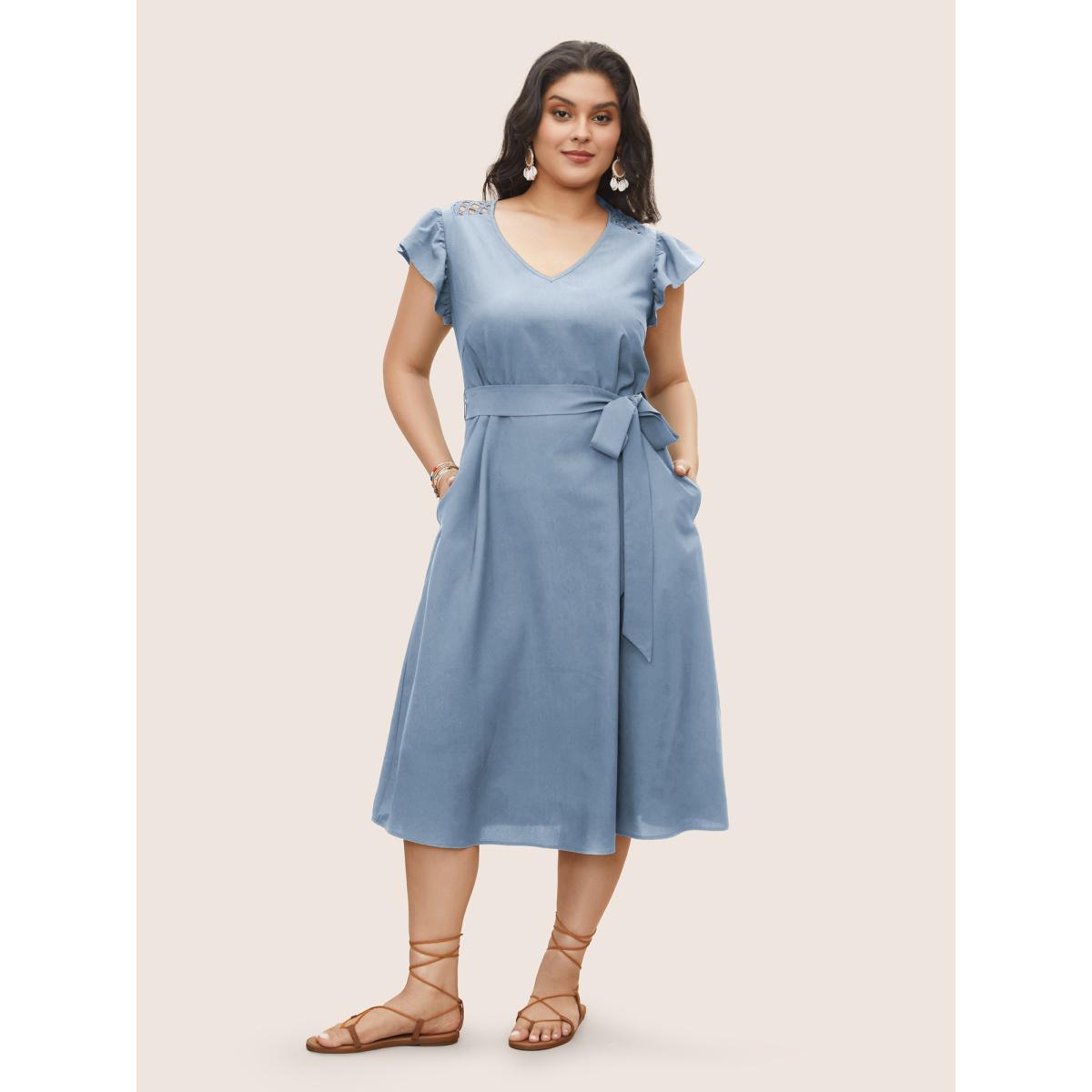Plus Size Solid Cut Out Ruffle Cap Sleeve Dress Stone Women Resort Woven ribbon&lace trim V-neck Cap Sleeve Curvy Midi Dress BloomChic 26/4X Product Image