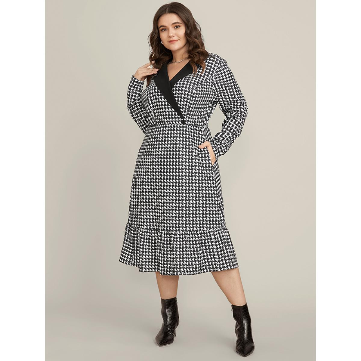 Plus Size Contrast Trim Suit Collar Pocket Ruffle Hem Houndstooth Dress Black Women Office Patchwork Suit Collar Long Sleeve Curvy Midi Dress BloomChic 14-16/1X Product Image