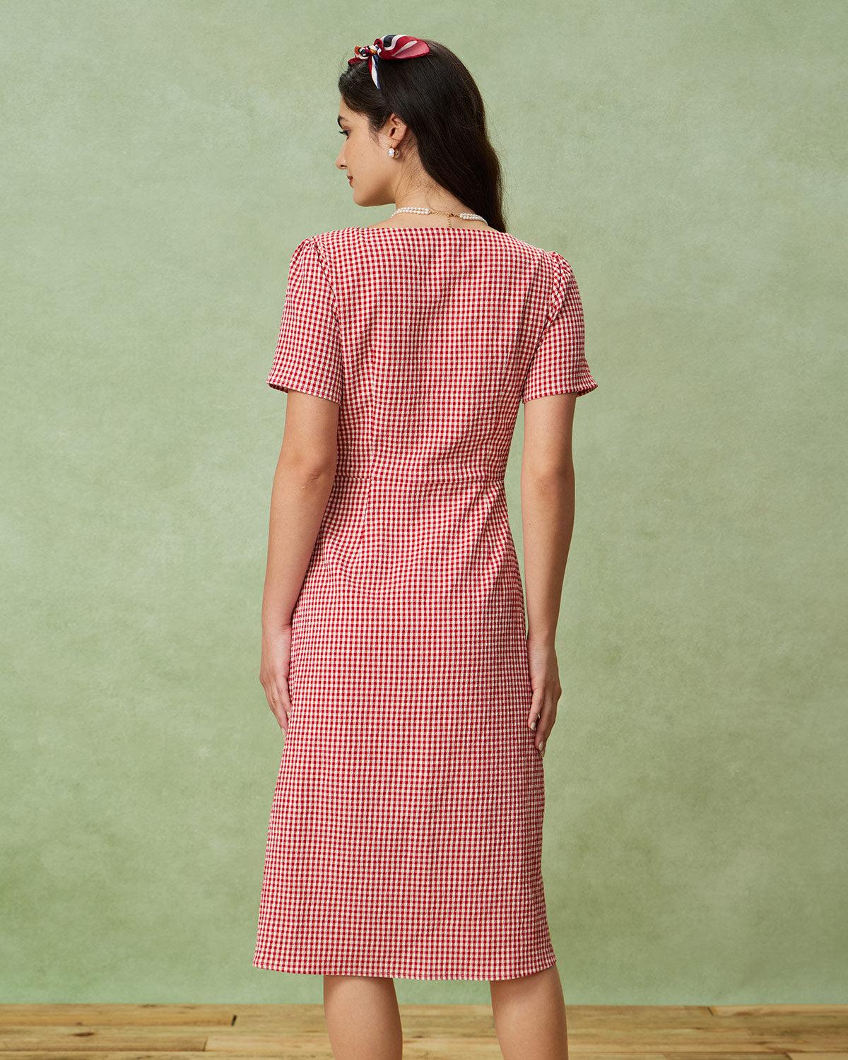 Red Plaid Square Neck Midi Dress Product Image