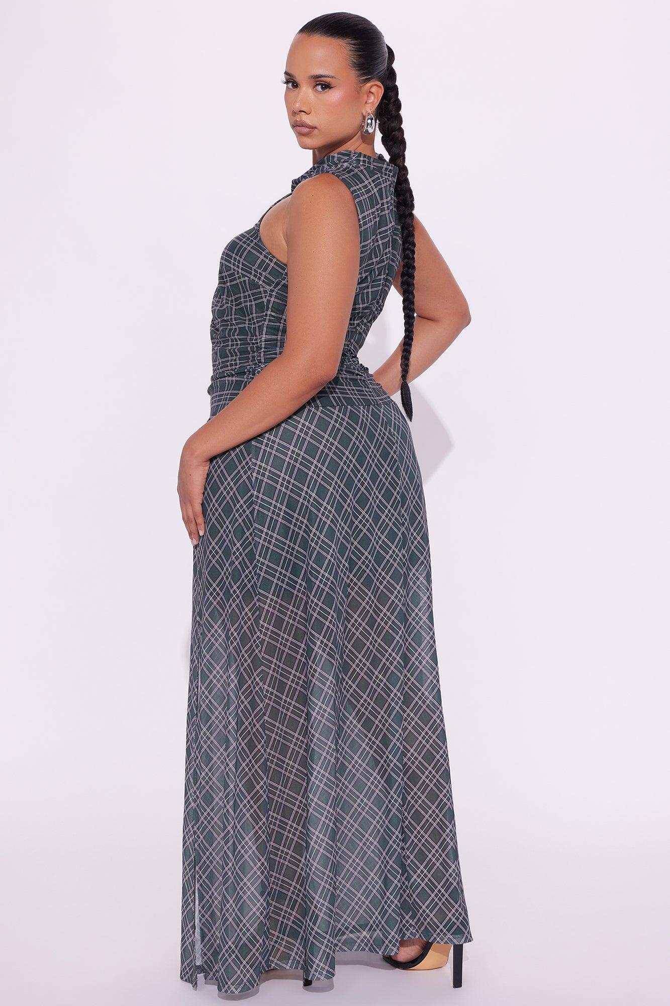 Hailie Plaid Mesh Maxi Dress - Green/combo Female Product Image