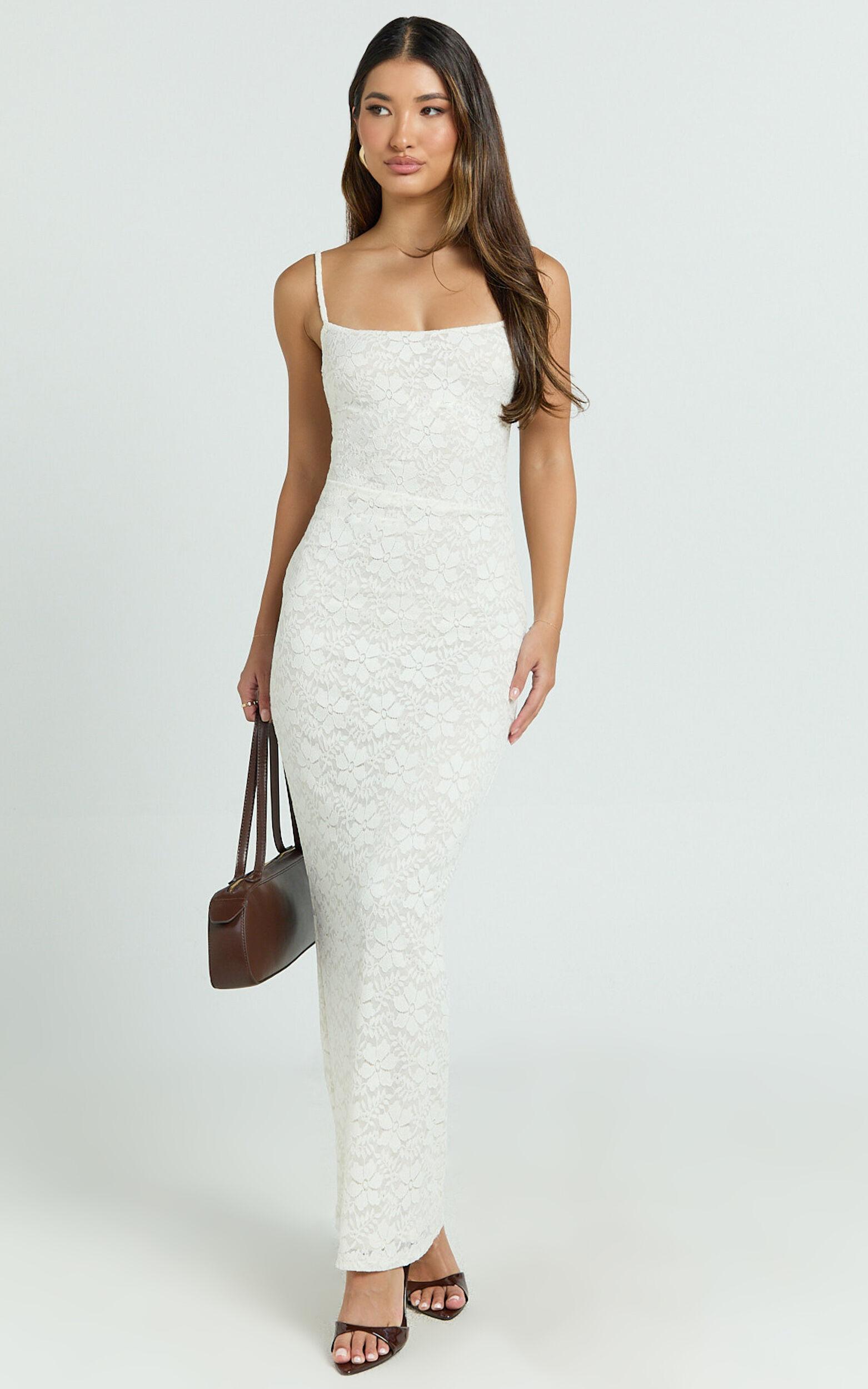 Carly Maxi Dress - Stretch Lace Scoop Neck Dress in Off White Product Image