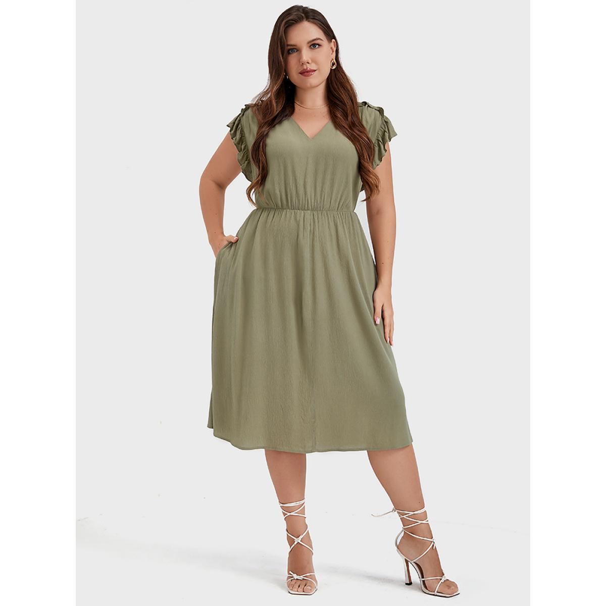 Plus Size Plain V Neck Ruffles Trim Pocket Knee Dress ArmyGreen Women Elegant Plain V-neck Cap Sleeve Curvy Midi Dress BloomChic 18-20/2X Product Image