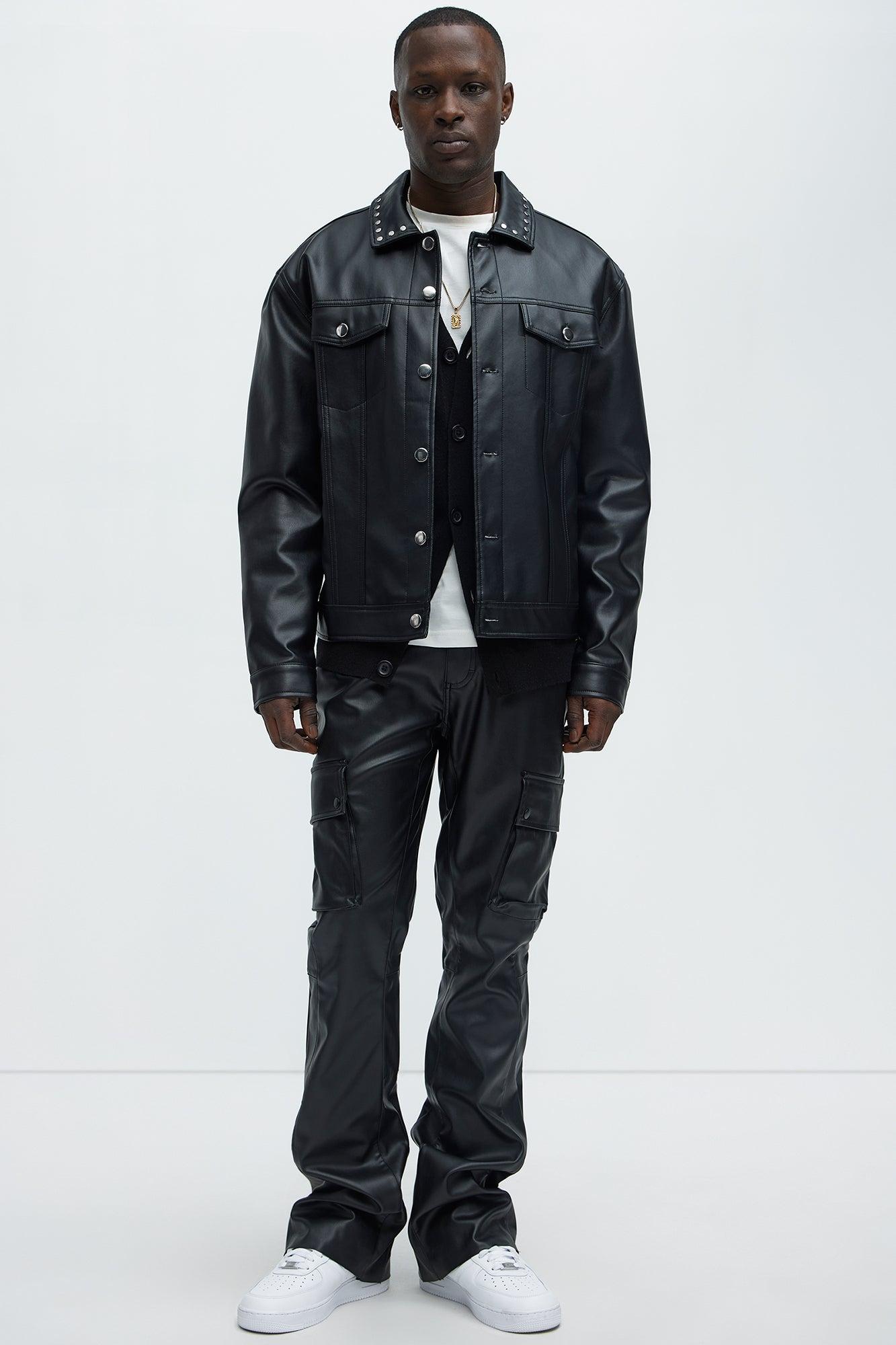 Finest Faux Leather Cargo Slim Flare Pants - Black Product Image