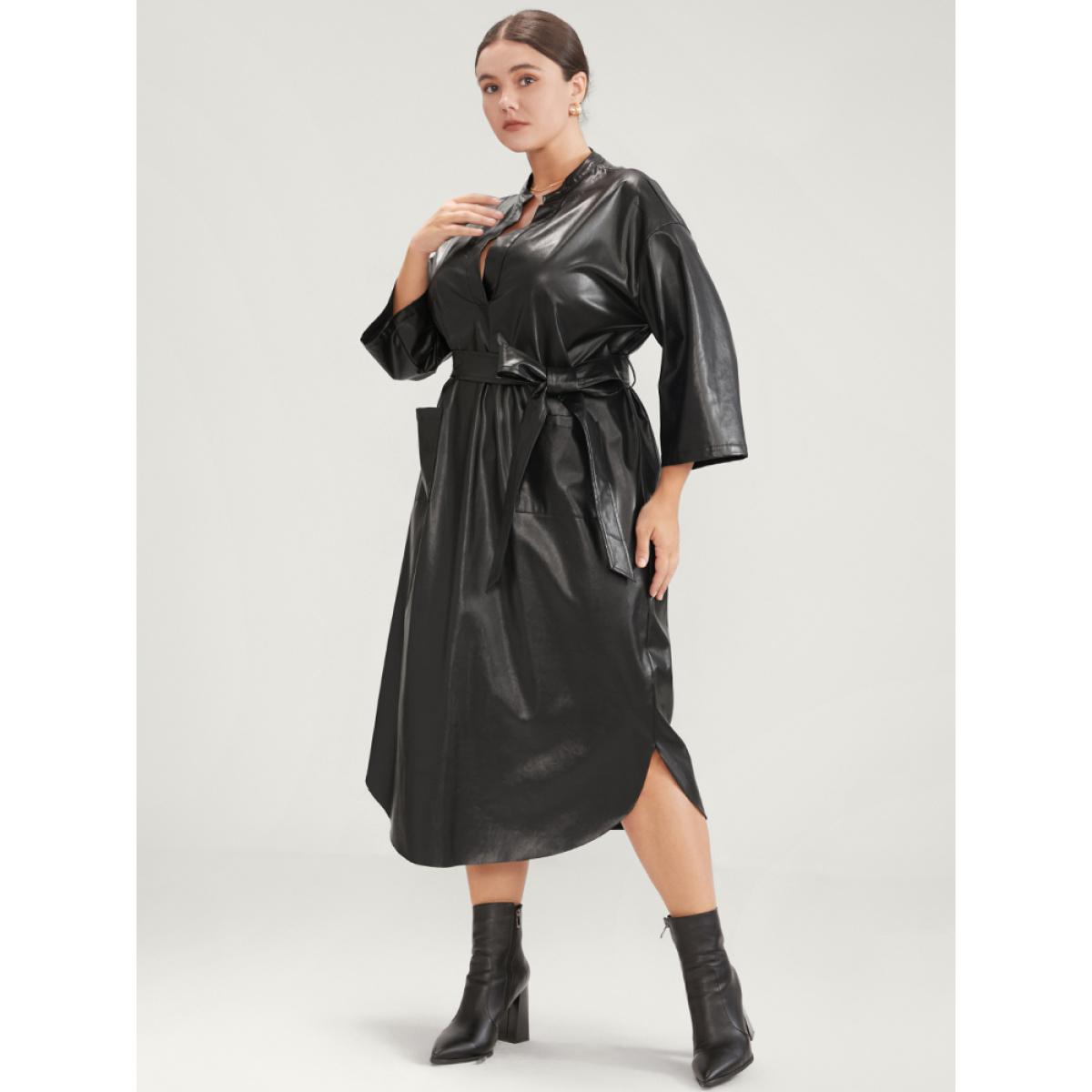 Plus Size PU Leather Pocket Belted Arc Hem Dress Black Women Party Belted V-neck Elbow-length sleeve Curvy Midi Dress BloomChic 14-16/1X Product Image