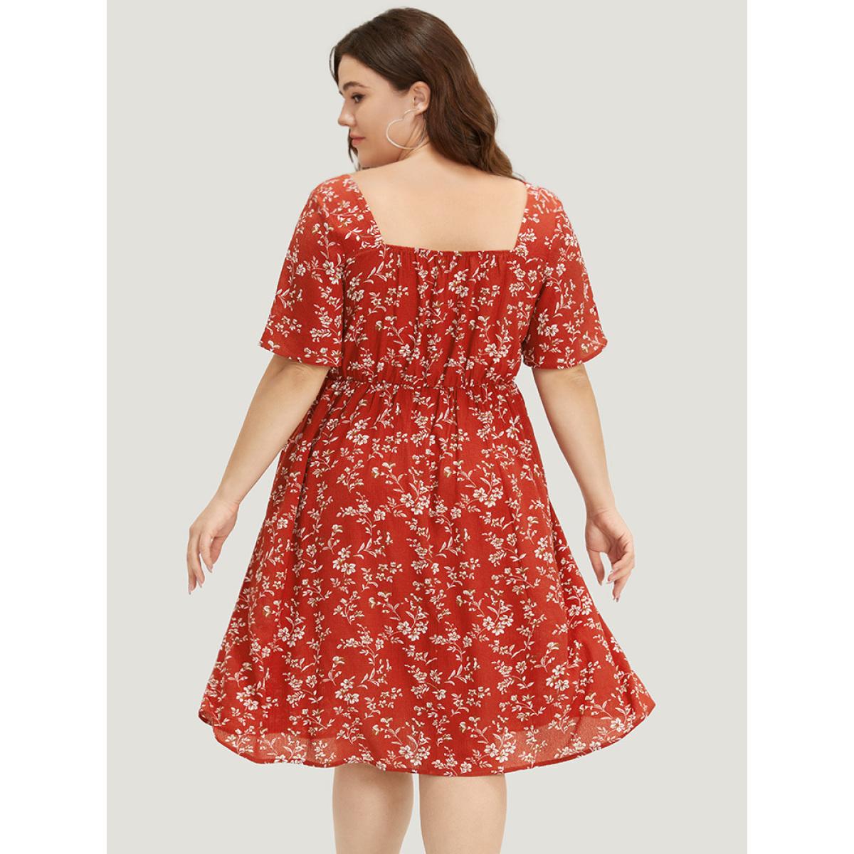 Plus Size Floral Print Square Neck Ruched Ruffles Drawstring Dress Red Women Elegant Drawstring Square Neck Short sleeve Curvy Midi Dress BloomChic 10/M Product Image