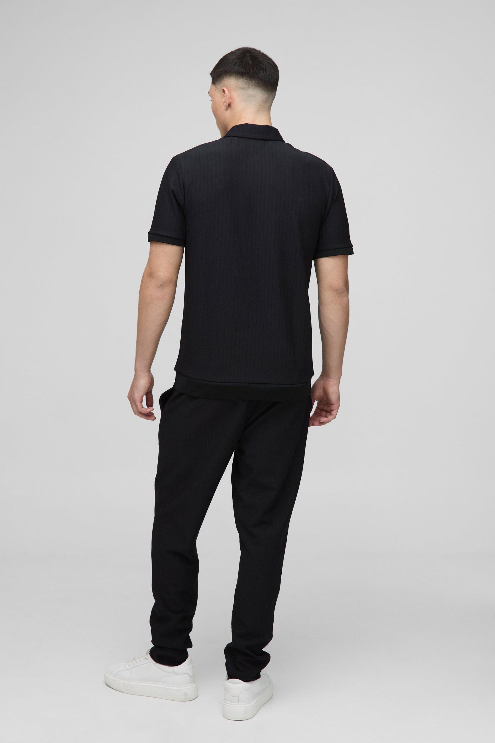 Slim Fit Zip Collar Textured Stripe Short Sleeve Polo | boohooMAN USA Product Image