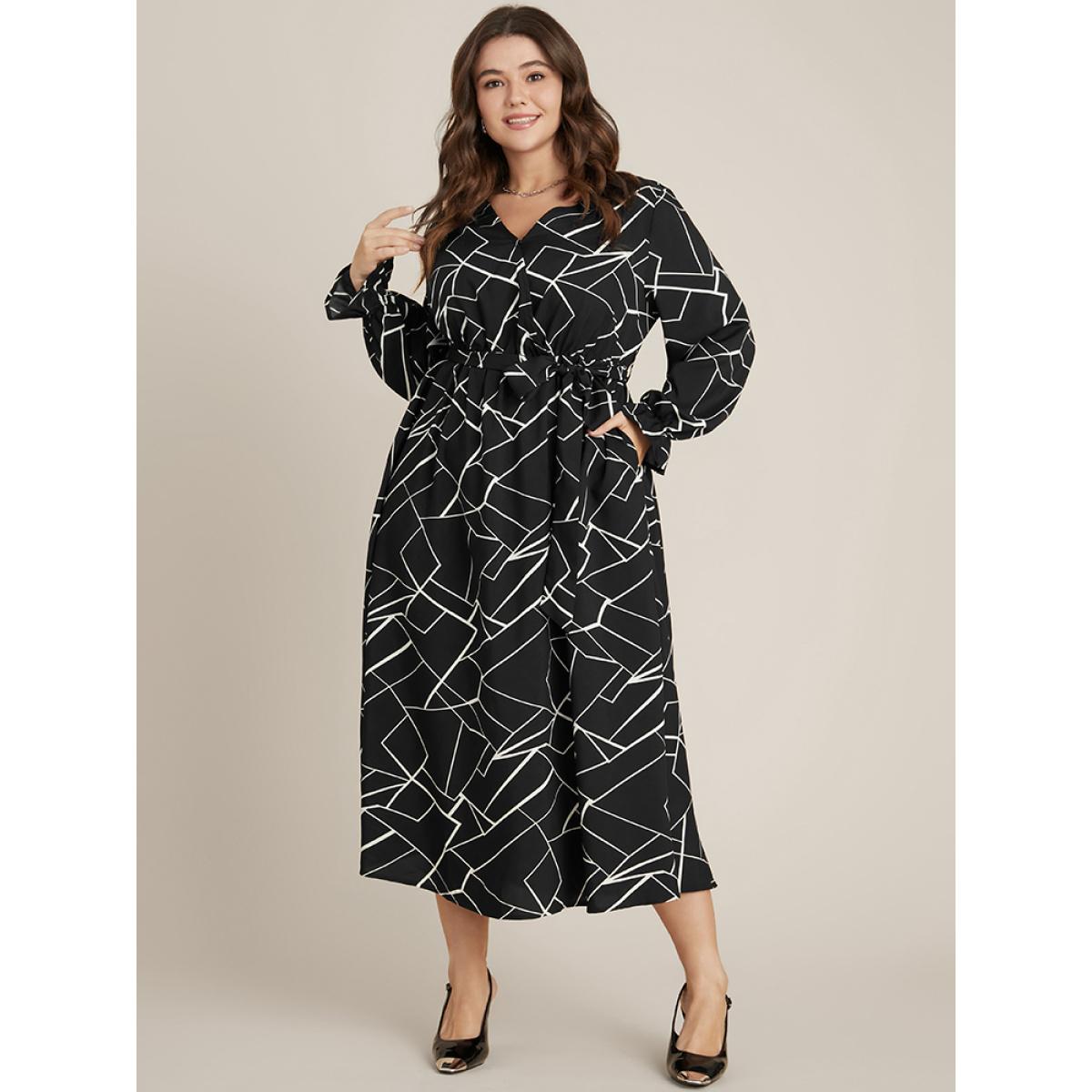 Plus Size Geometric Pocket Lantern Sleeve Wrap Belted Dress Black Women Office Belted V-neck Long Sleeve Curvy Midi Dress BloomChic 26/4X Product Image
