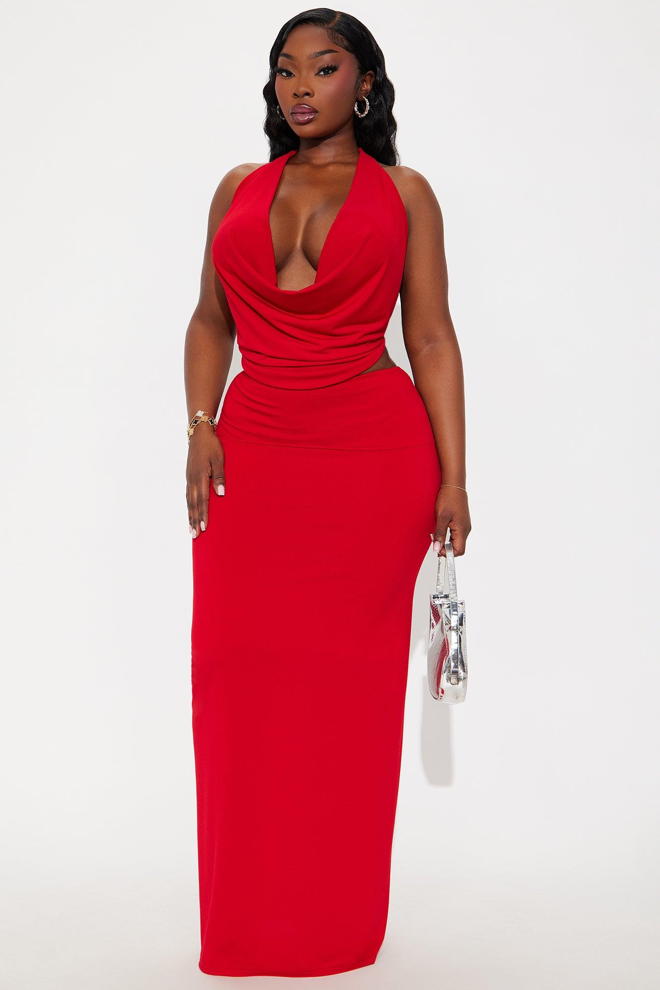 Maya Double Lined Backless Halter Maxi Skirt Set - Red Female Product Image