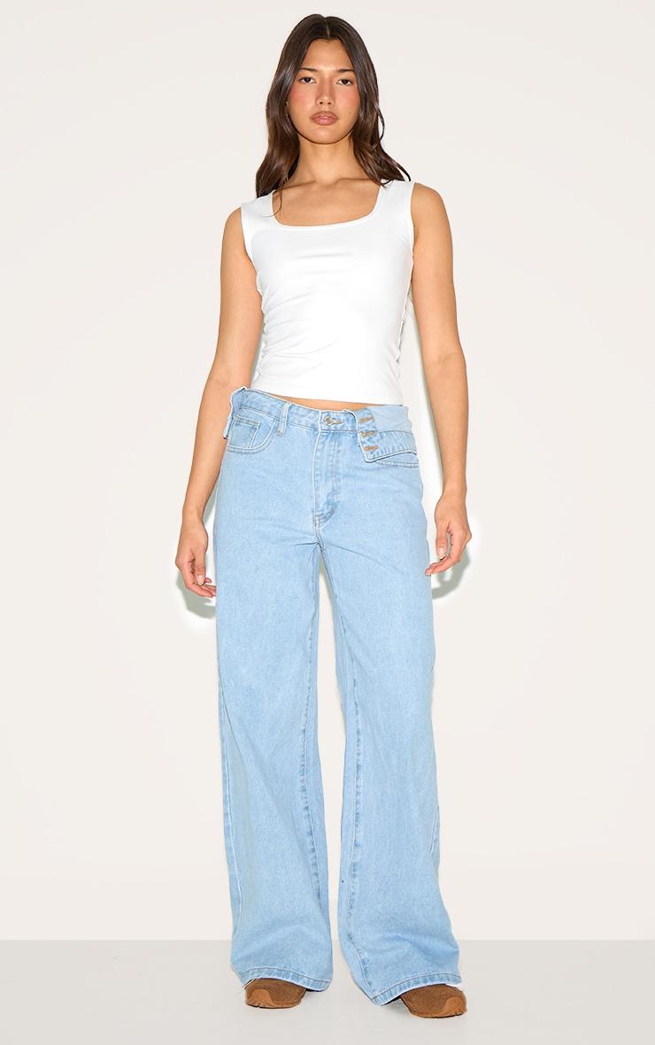 Light Blue Foldover Waist Detail Wide Leg Jean Product Image
